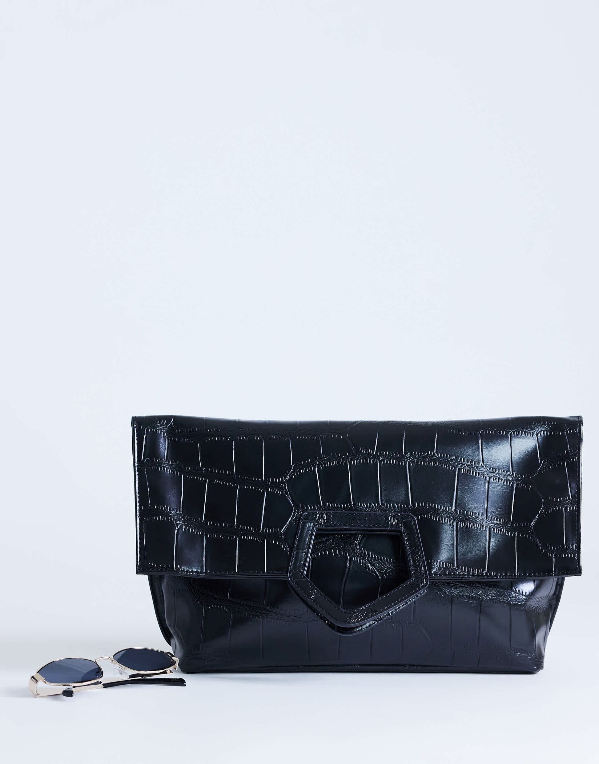 Topshop Gregry folded oversized clutch bag in black croc