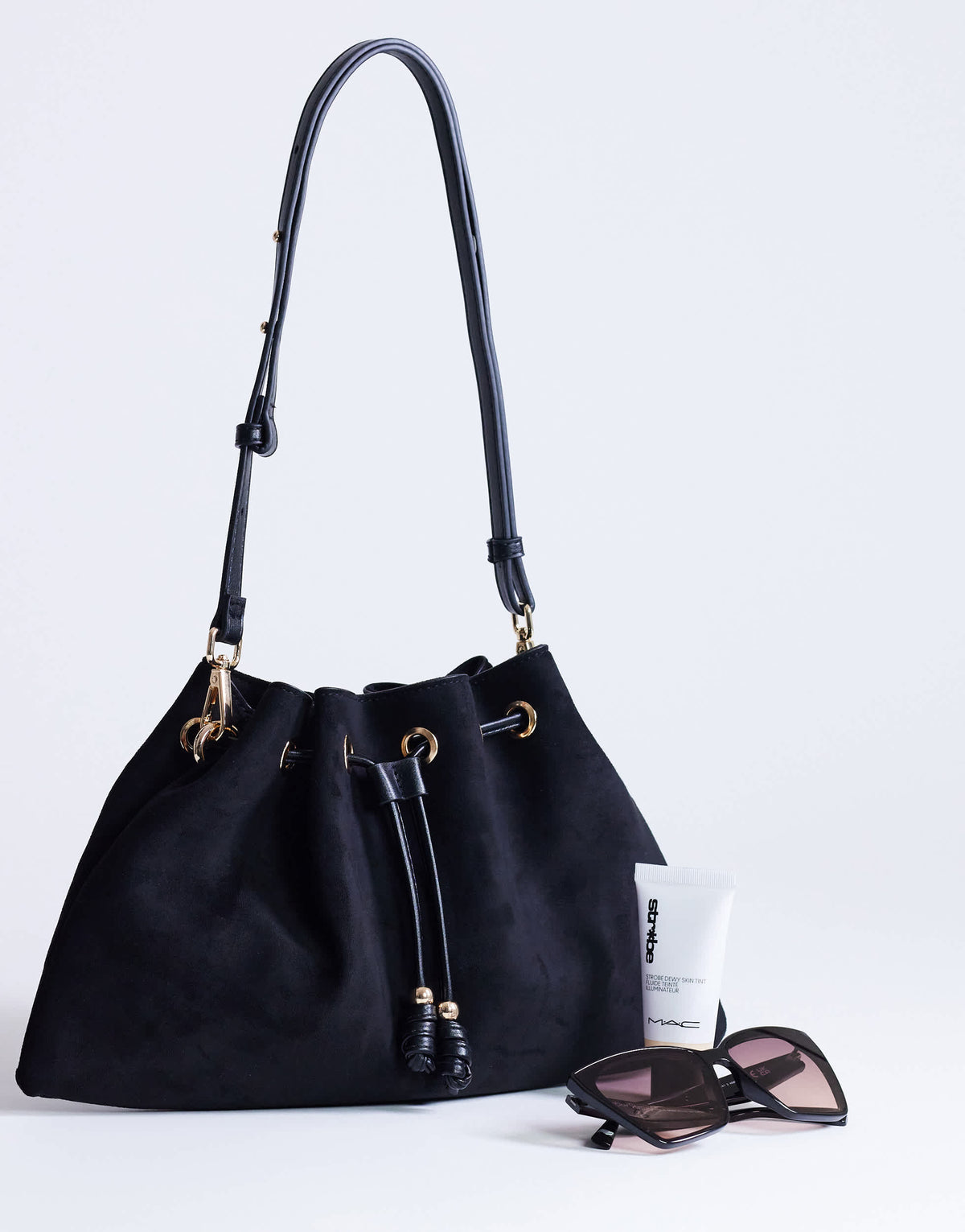 Topshop Sammy medium ruched drawstring shoulder bag in black