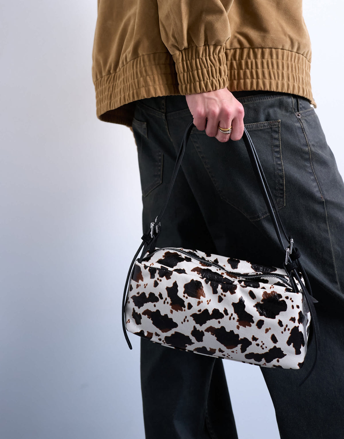 Topshop Siris medium buckle shoulder bag in cow print