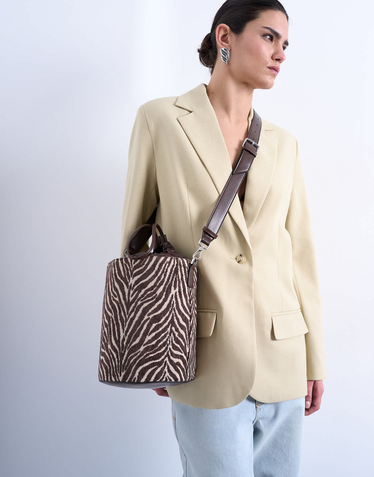 Topshop Carla large cross body canvas bucket bag in zebra