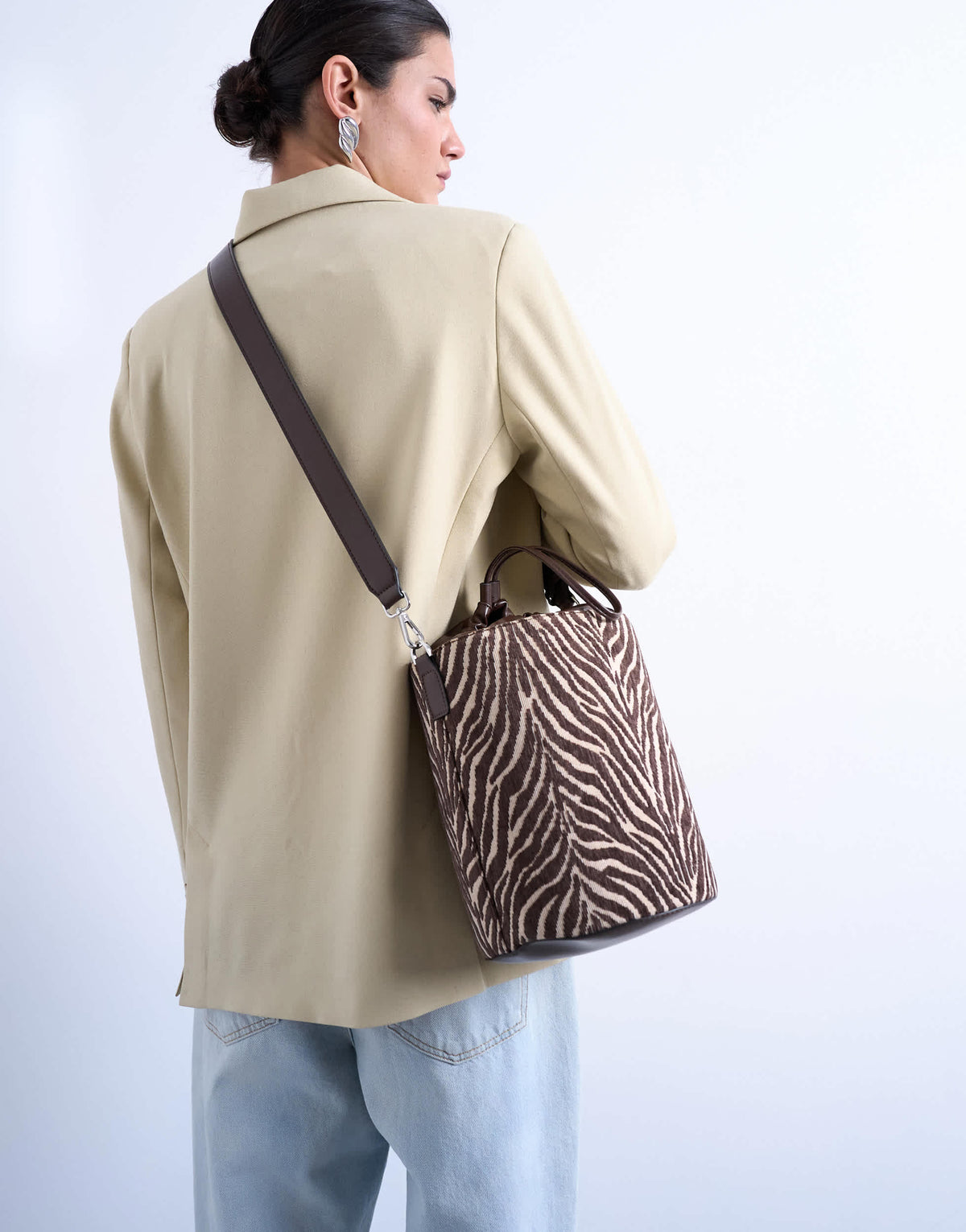 Topshop Carla large cross body canvas bucket bag in zebra