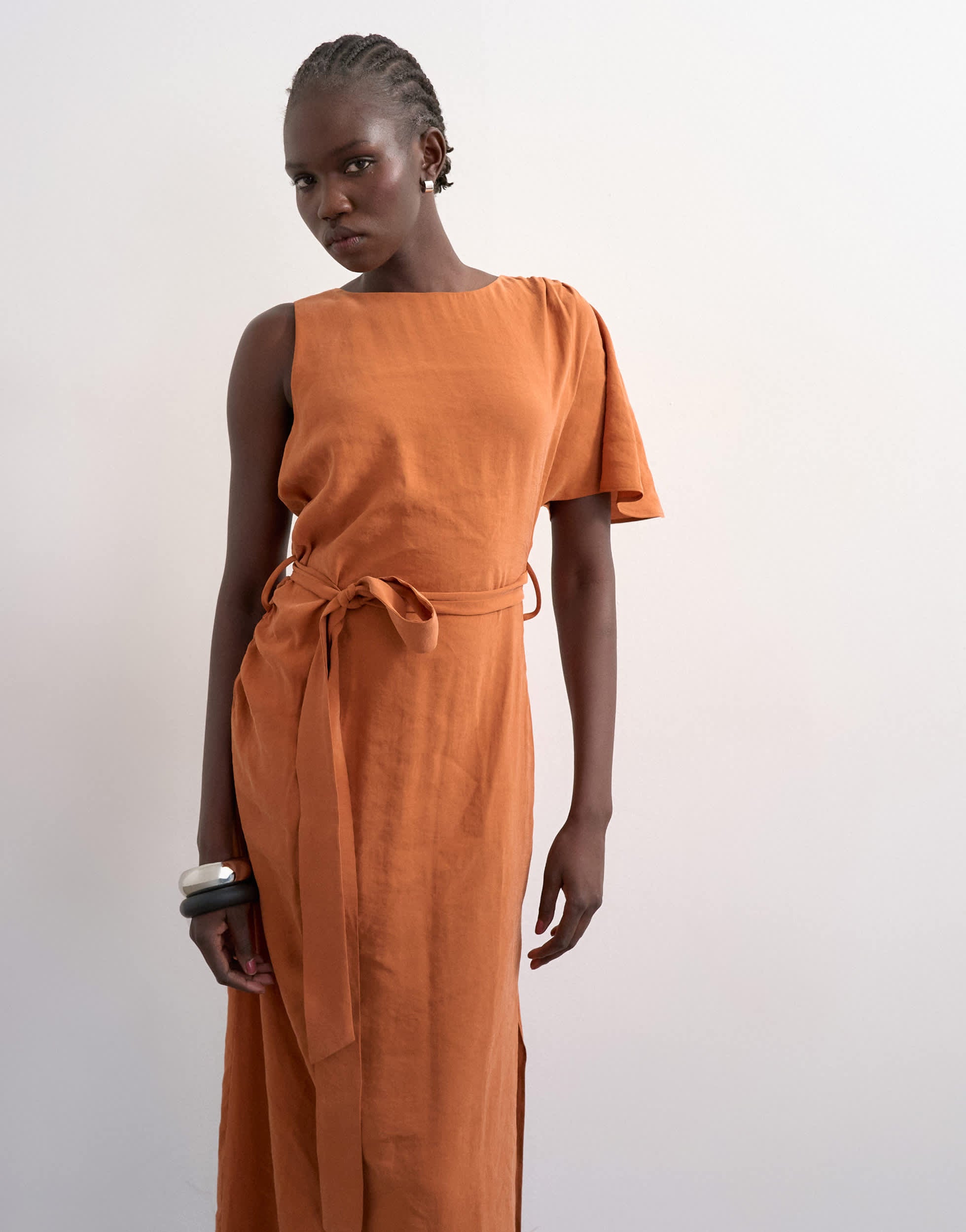 Topshop asym sleeve tie waist cupro maxi dress in burnt brown