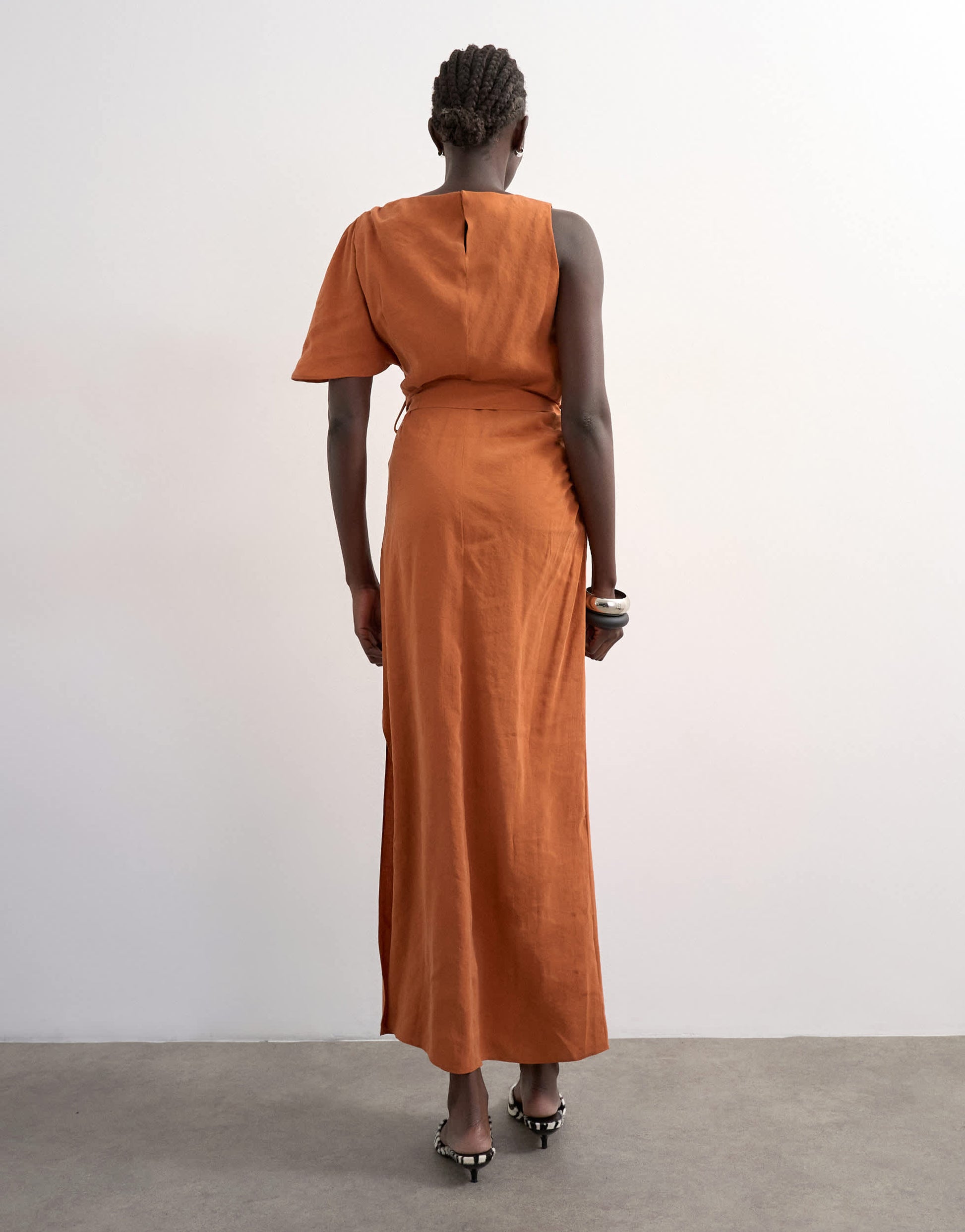 Topshop asym sleeve tie waist cupro maxi dress in burnt brown