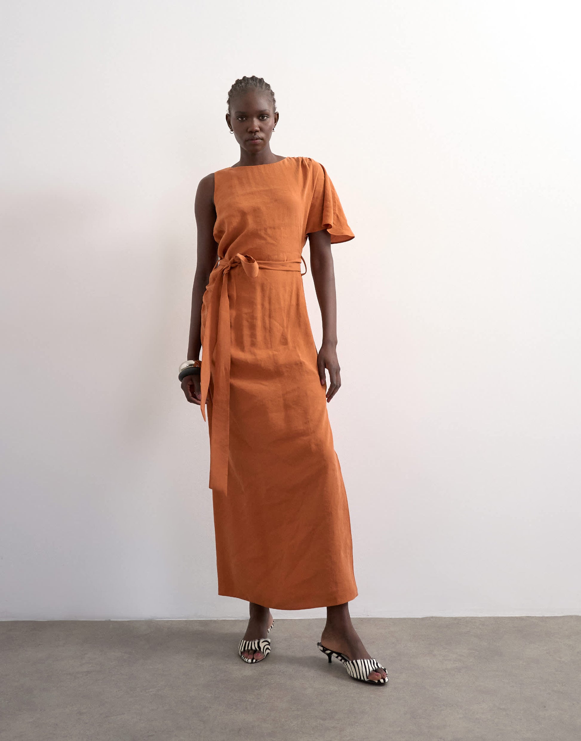 Topshop asym sleeve tie waist cupro maxi dress in burnt brown
