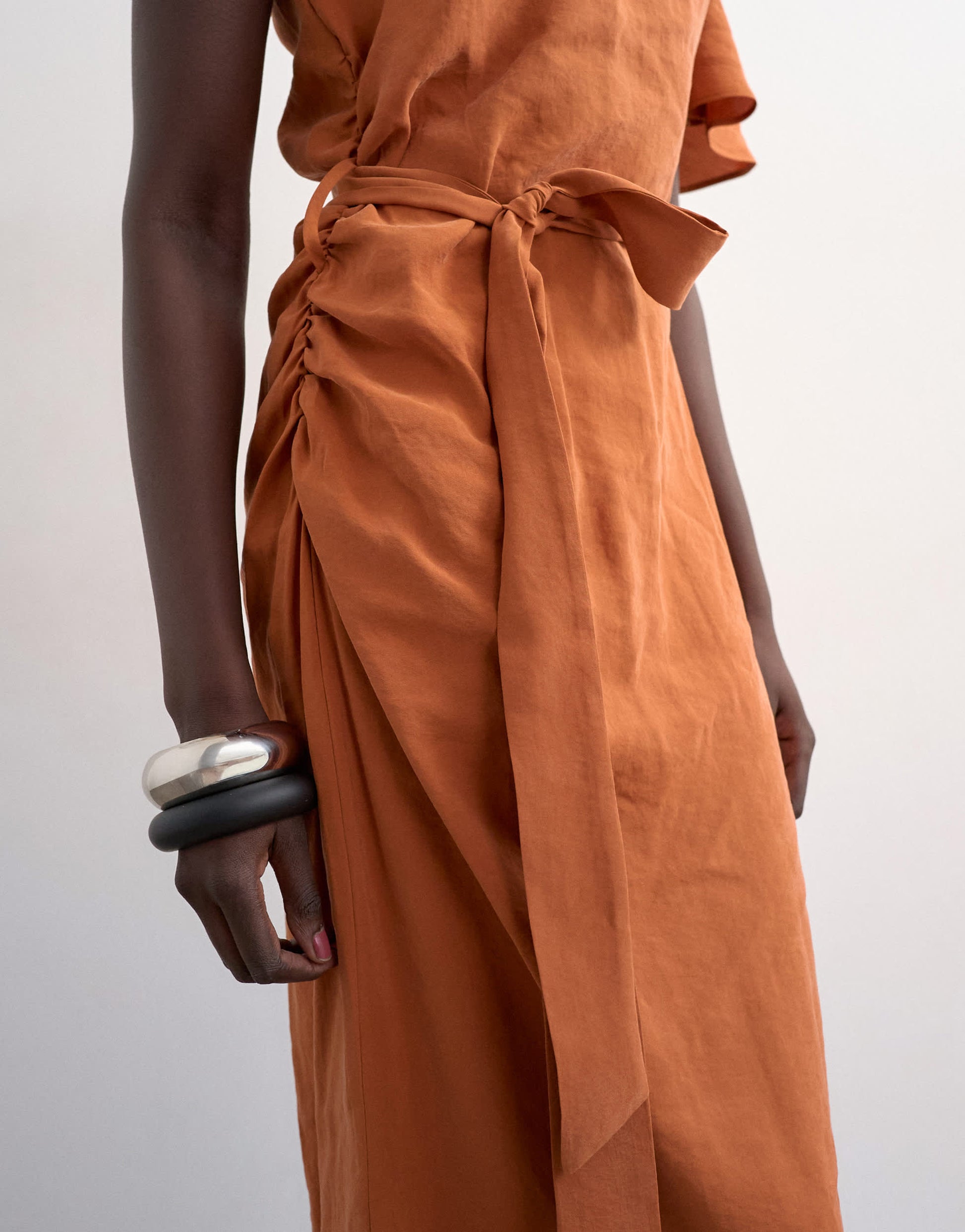 Topshop asym sleeve tie waist cupro maxi dress in burnt brown