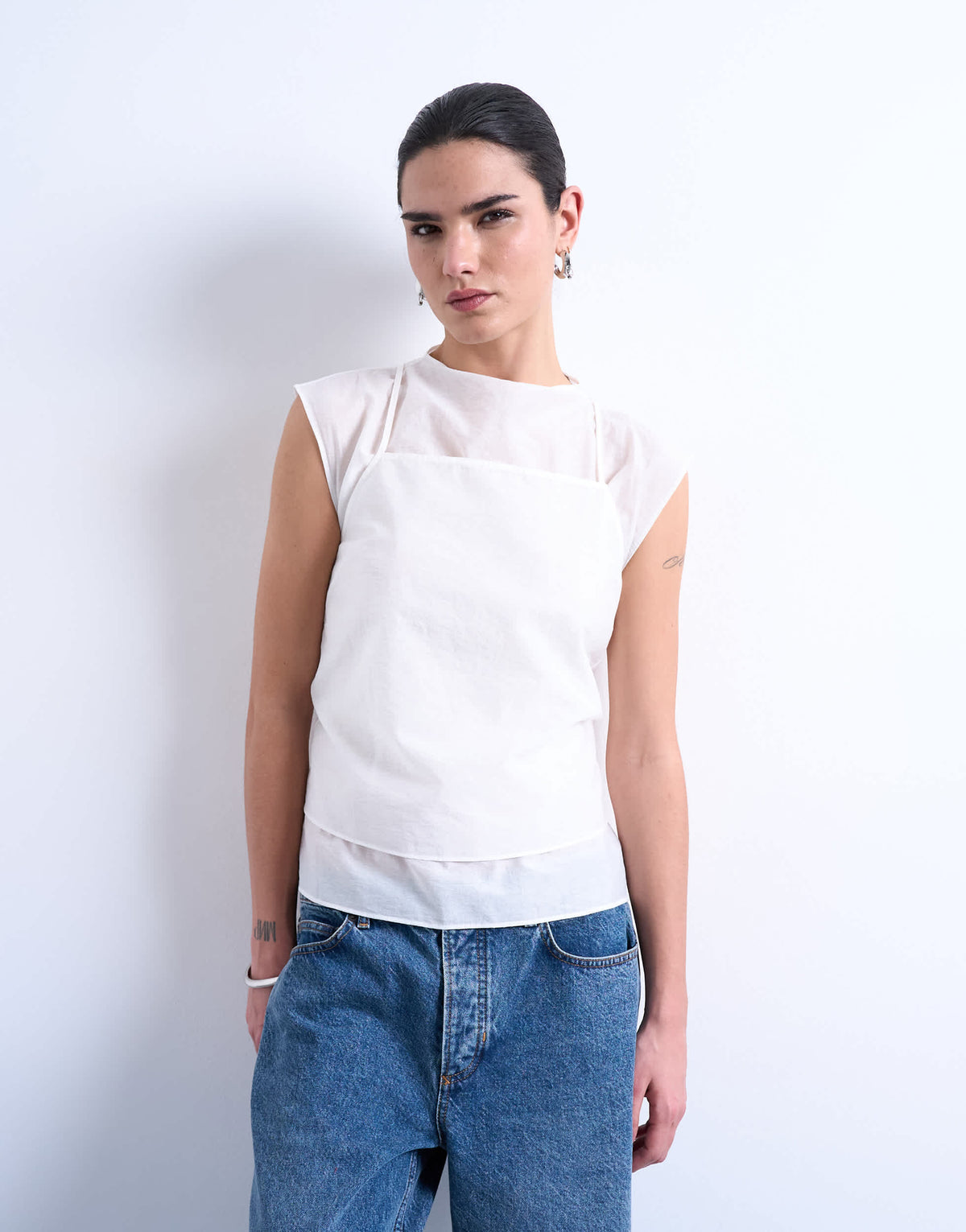 Topshop double layer sleeveless tunic top in ivory