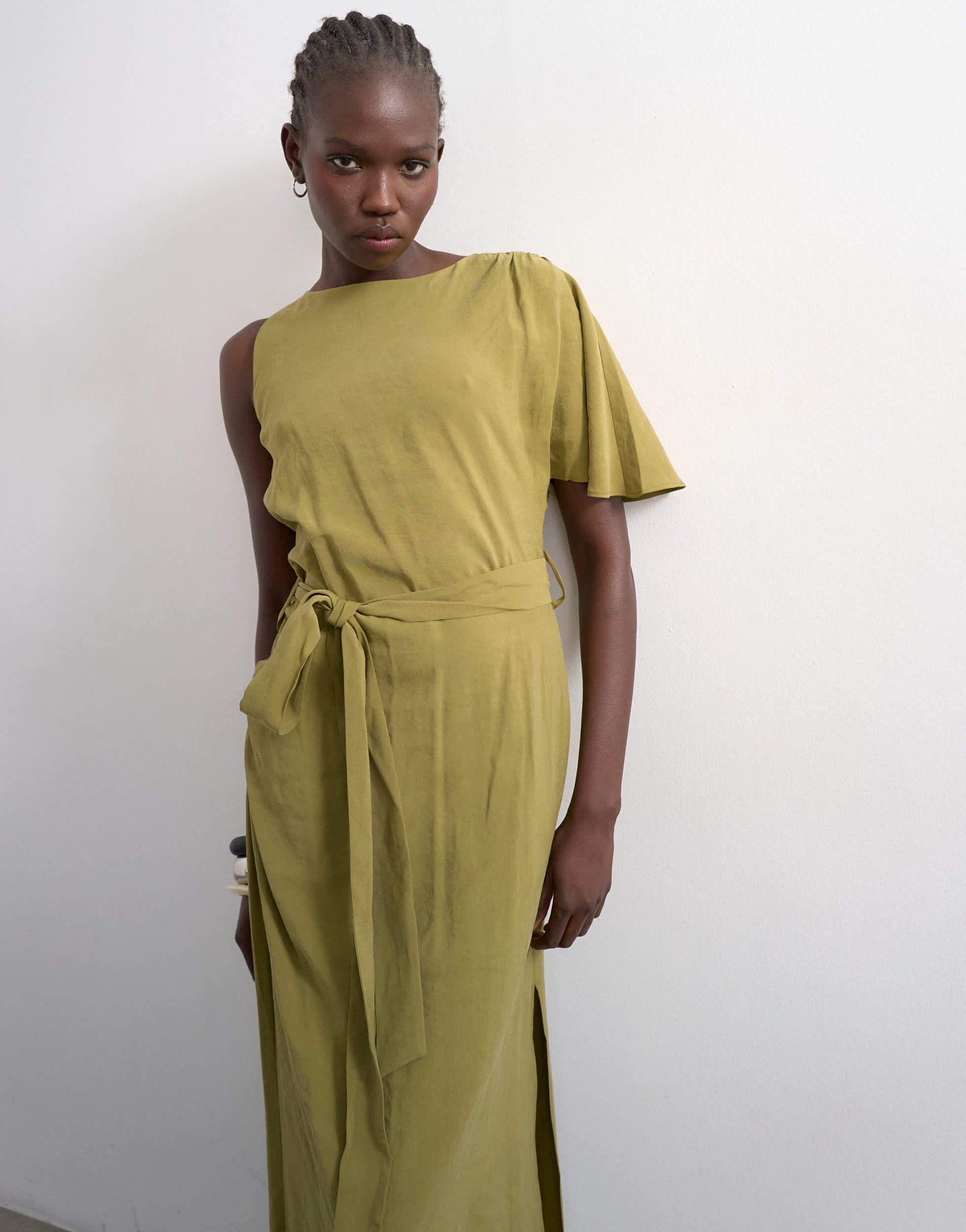 Topshop asym sleeve tie waist cupro maxi dress in khaki