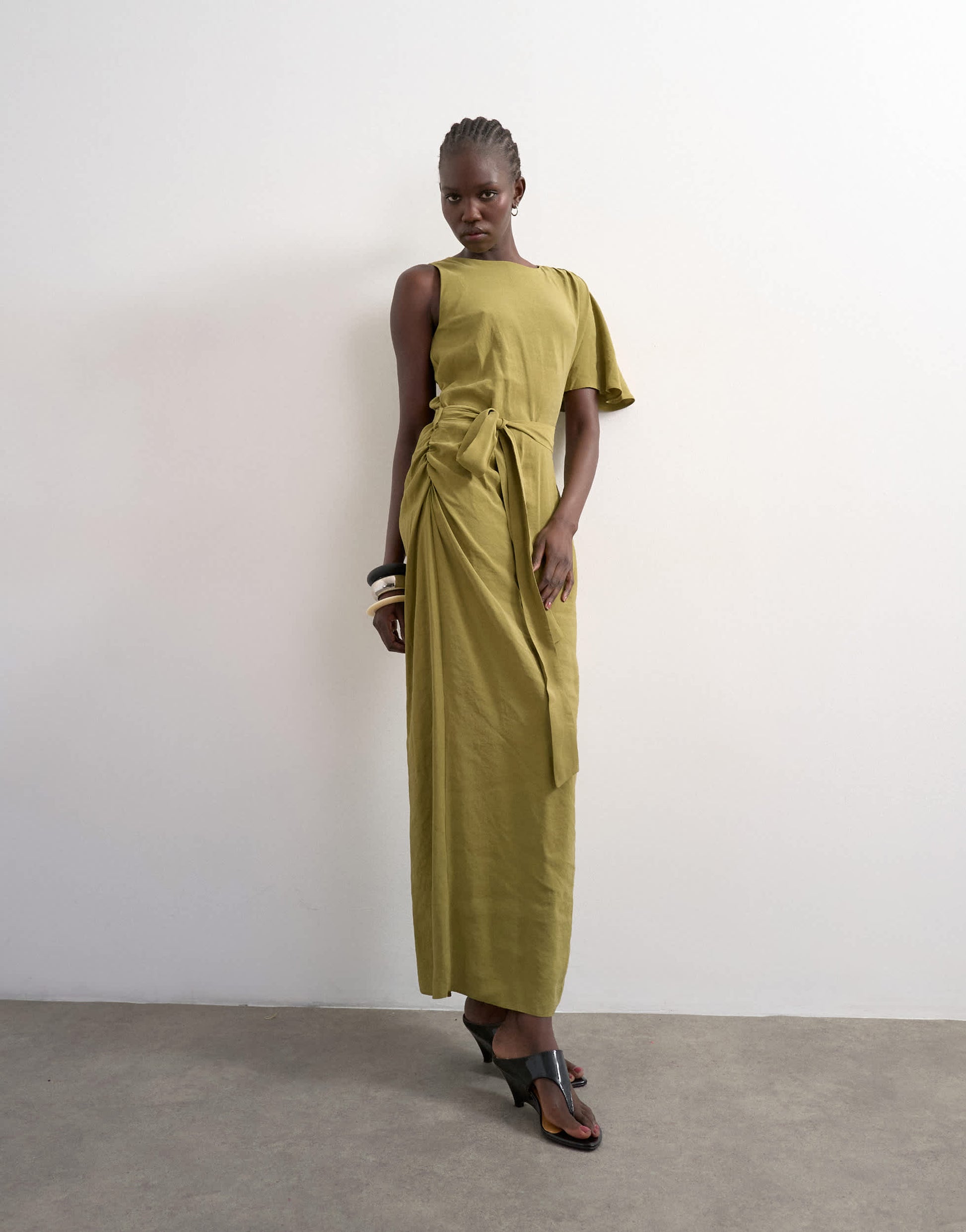 Topshop asym sleeve tie waist cupro maxi dress in khaki