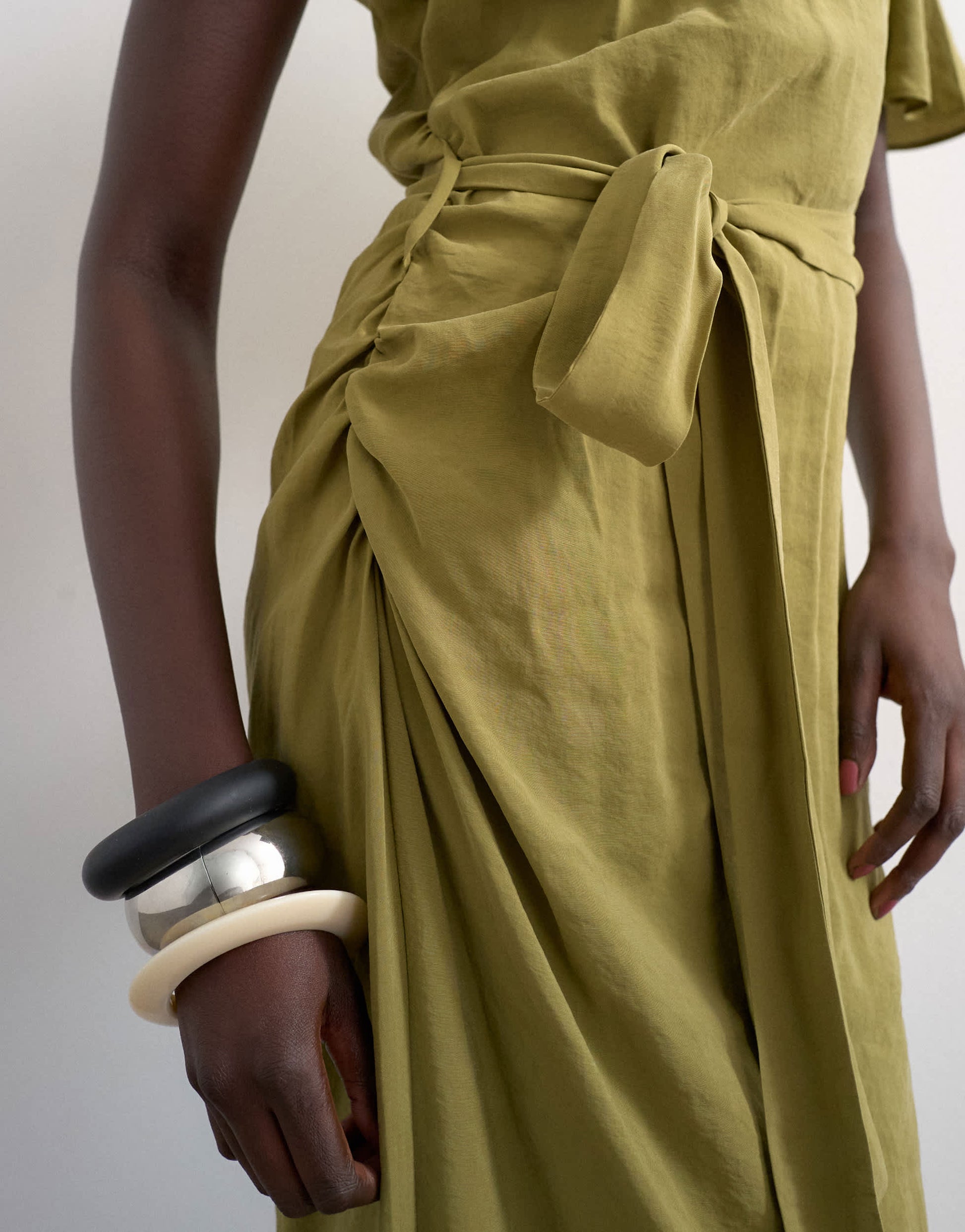 Topshop asym sleeve tie waist cupro maxi dress in khaki