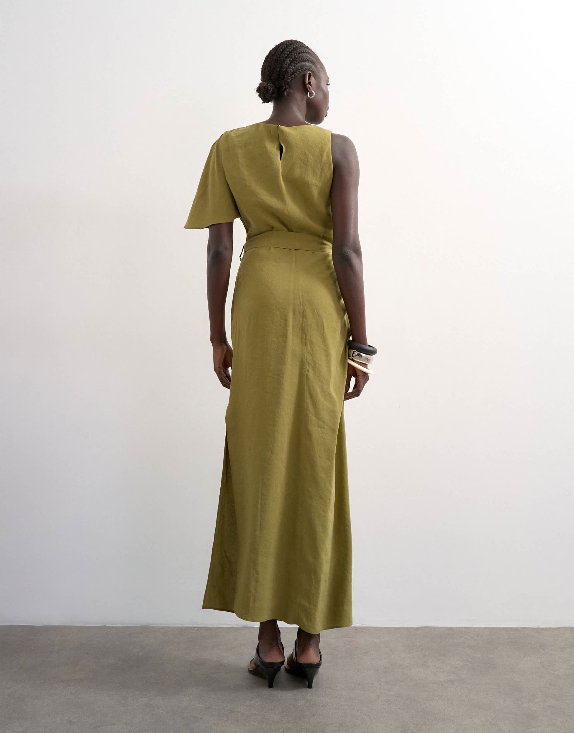 Topshop asym sleeve tie waist cupro maxi dress in khaki