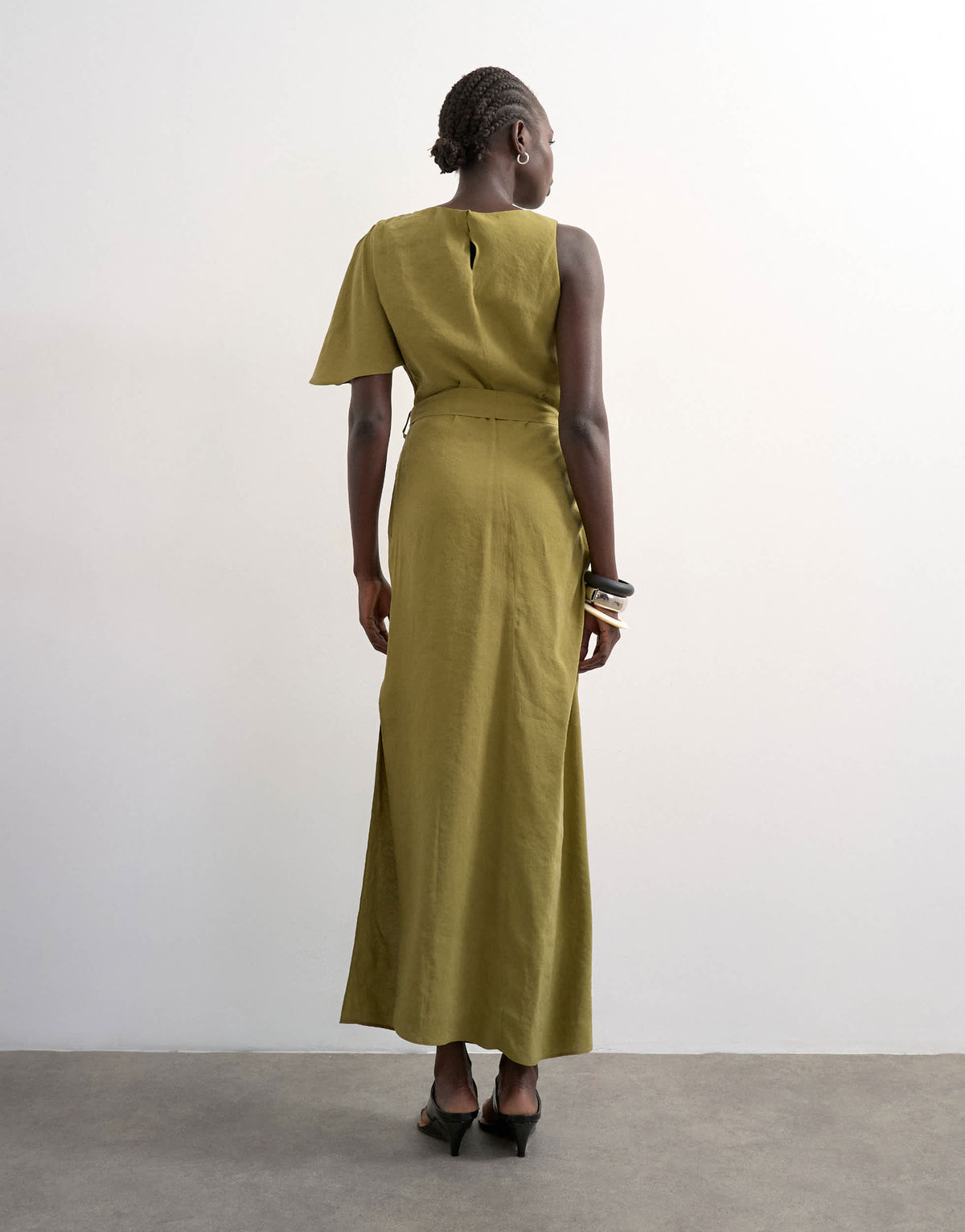 Topshop asym sleeve tie waist cupro maxi dress in khaki