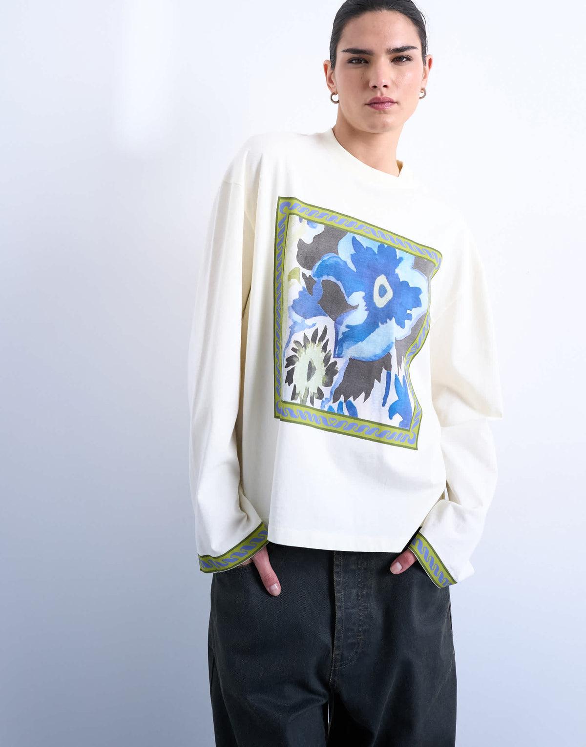 Topshop graphic floral print skater tee in ecru