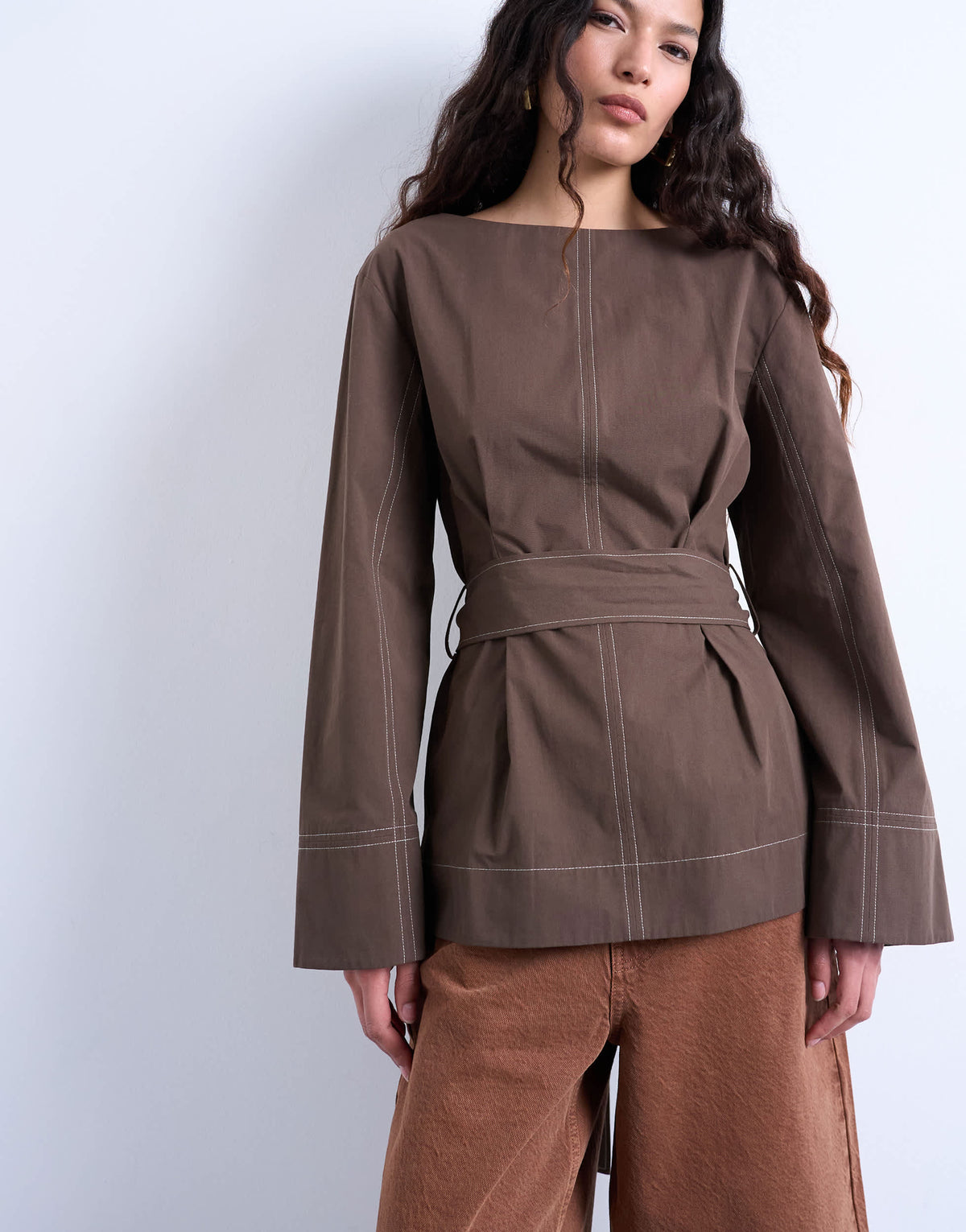 Topshop long sleeve tie waist top with contrast stich in brown