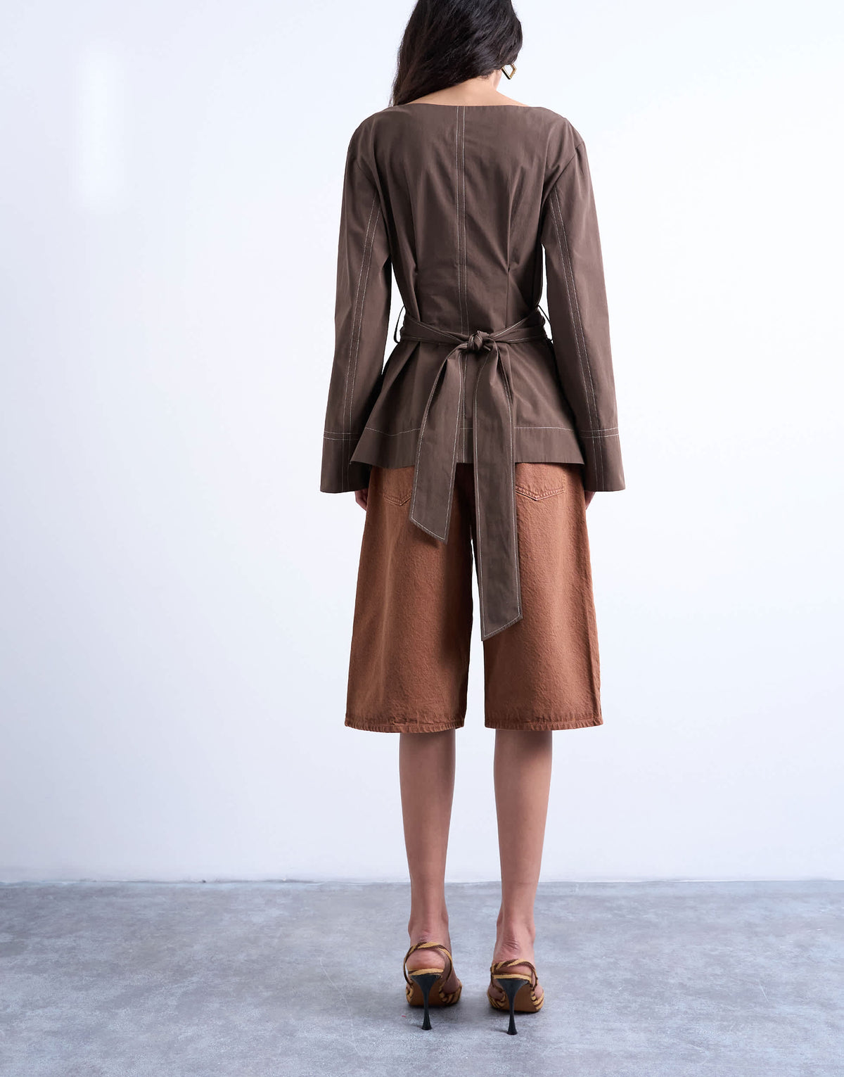 Topshop long sleeve tie waist top with contrast stich in brown