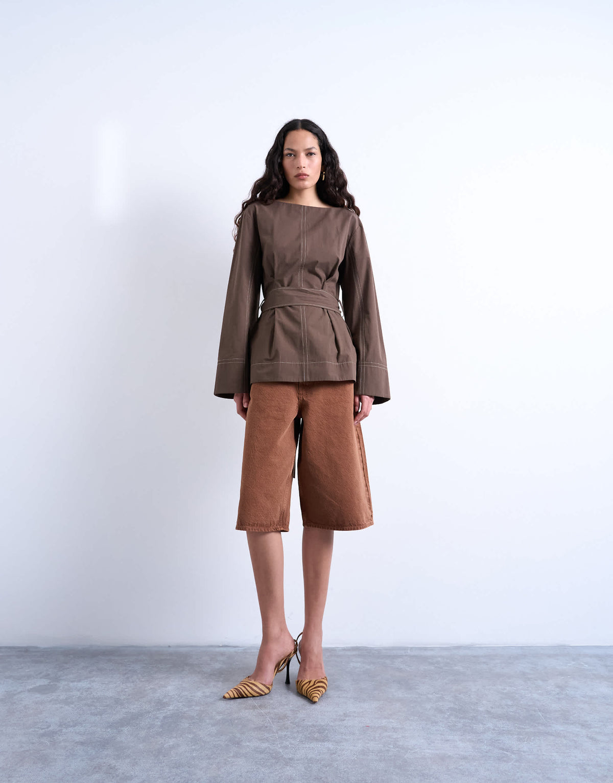 Topshop long sleeve tie waist top with contrast stich in brown