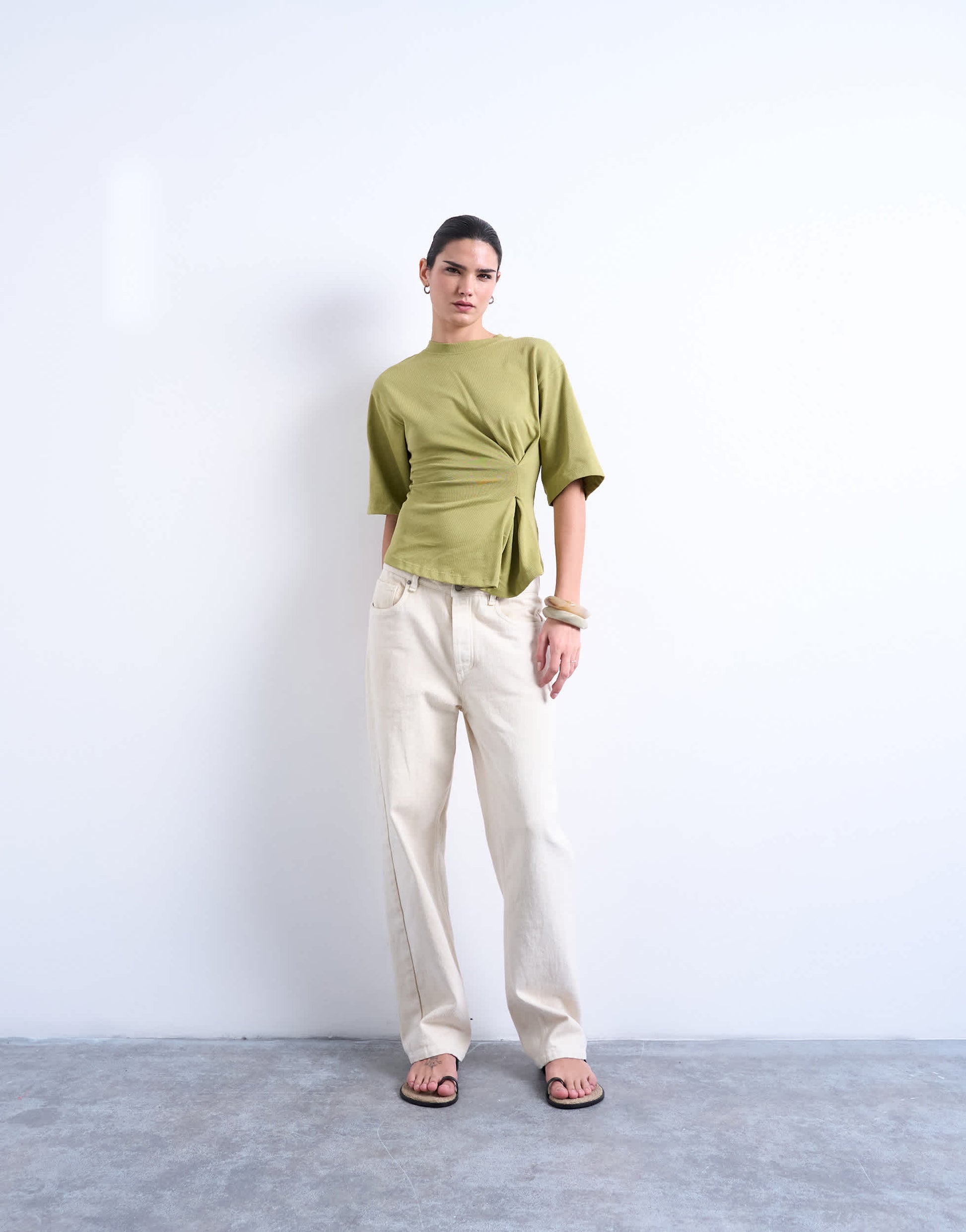 Topshop cinch waist structured tee in khaki