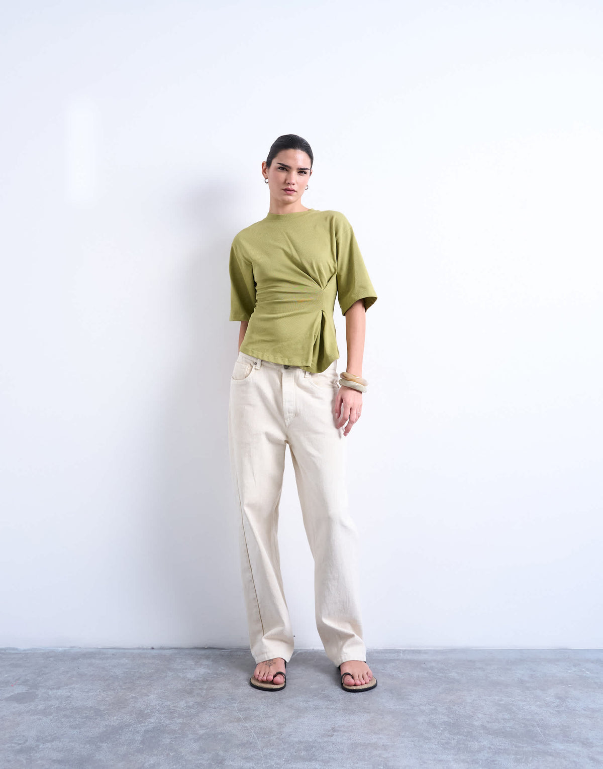 Topshop cinch waist structured tee in khaki