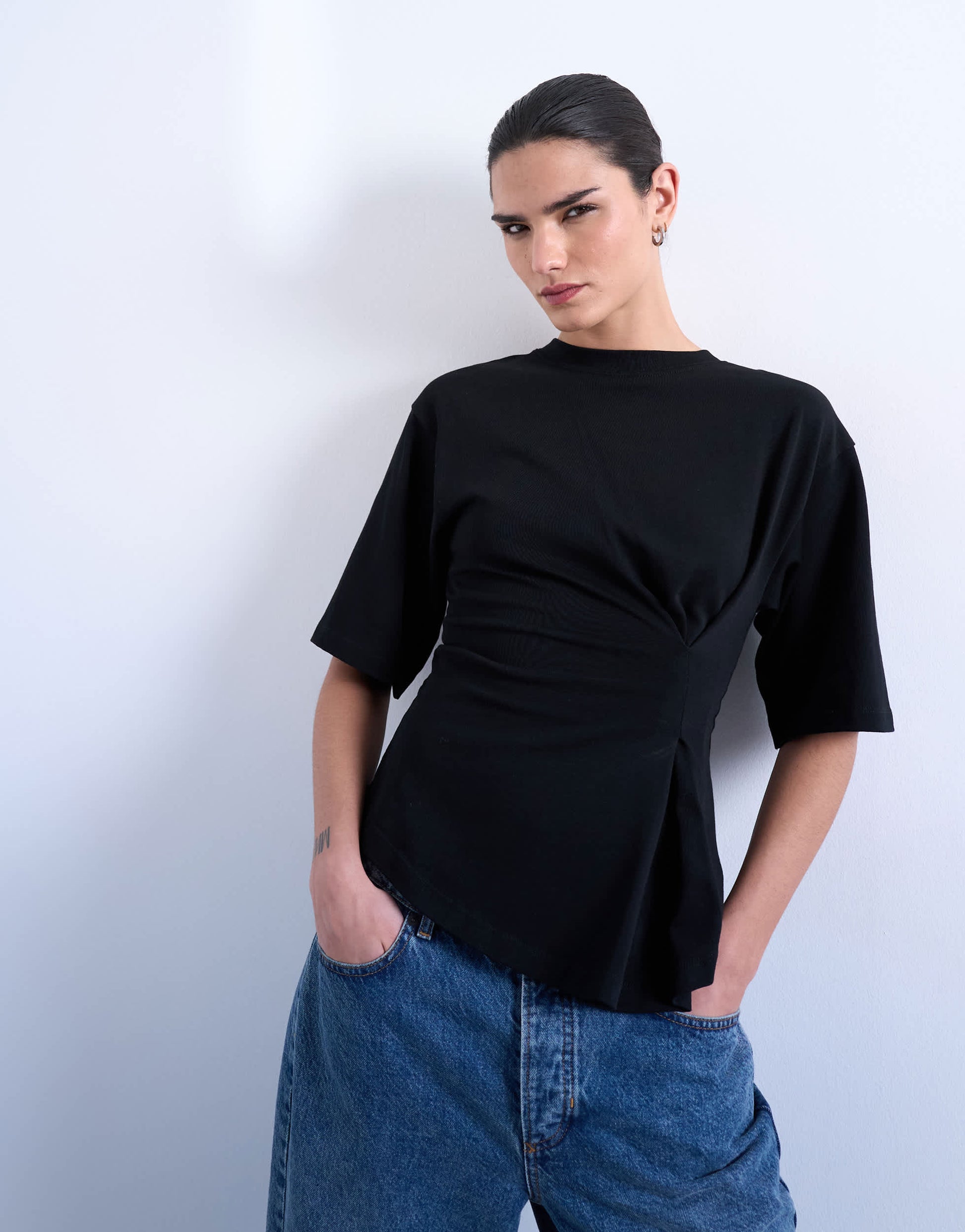 Topshop cinch waist structured tee in black