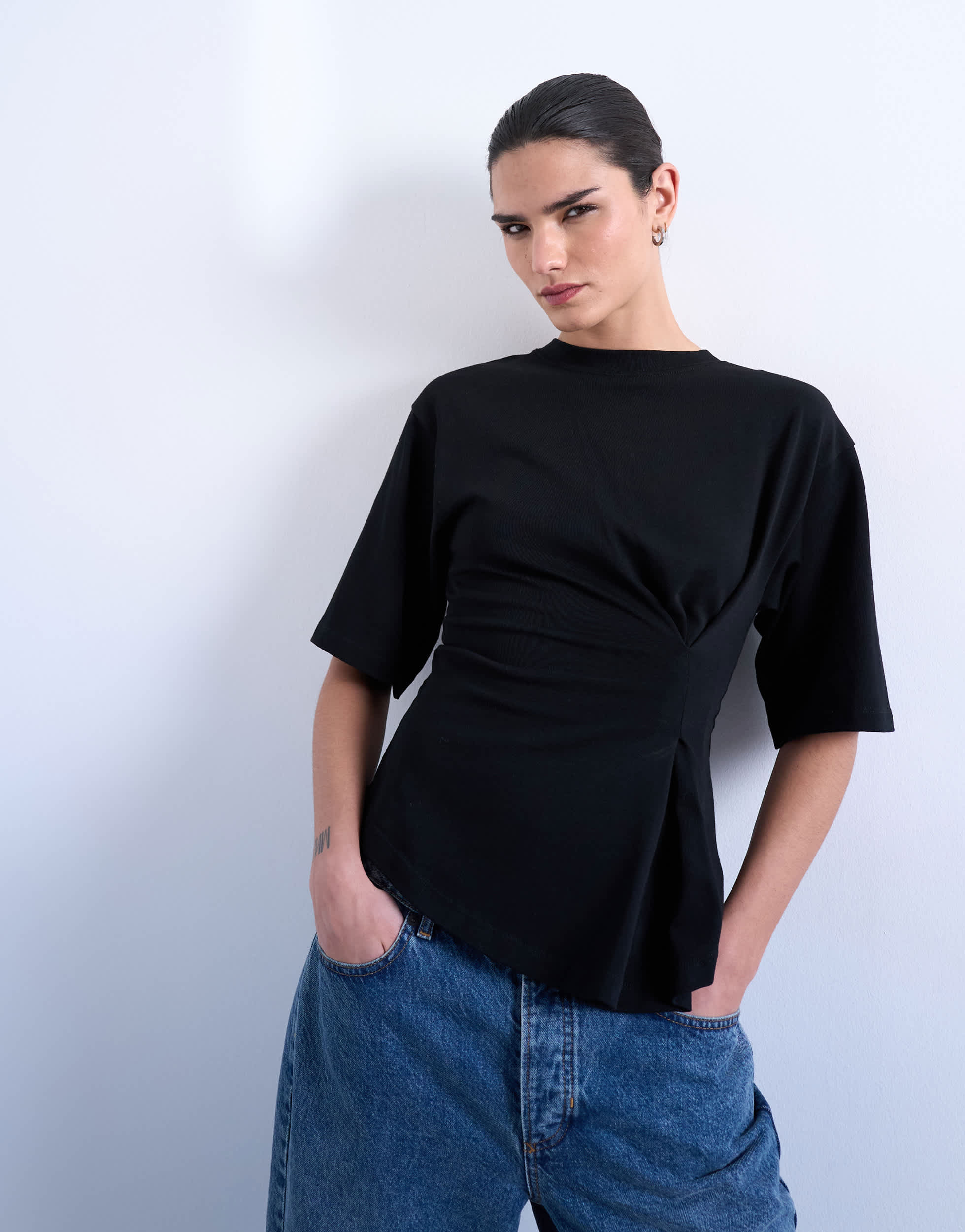Topshop cinch waist structured tee in black