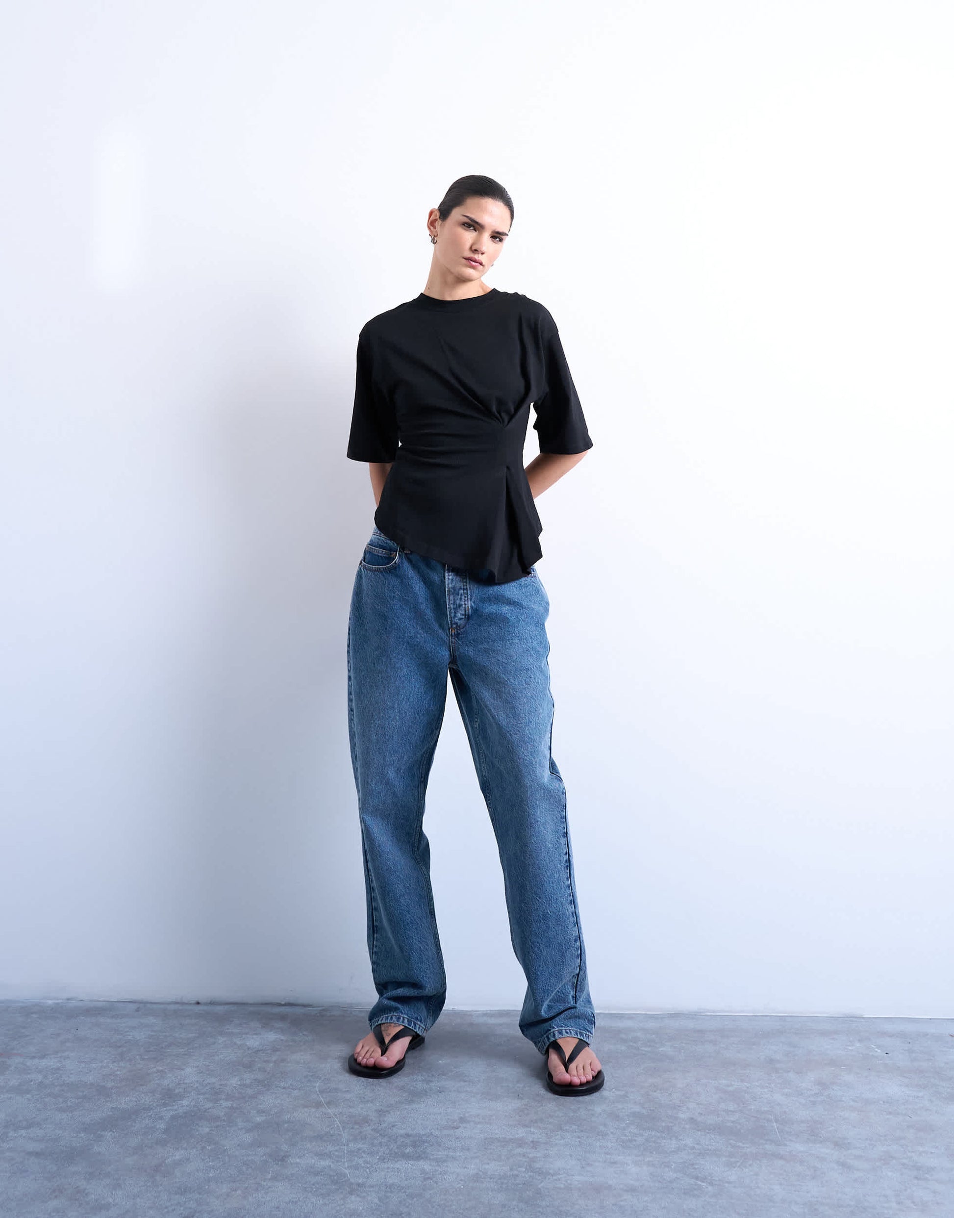 Topshop cinch waist structured tee in black