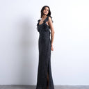 Topshop ruffle shoulder slip maxi dress in black based spot