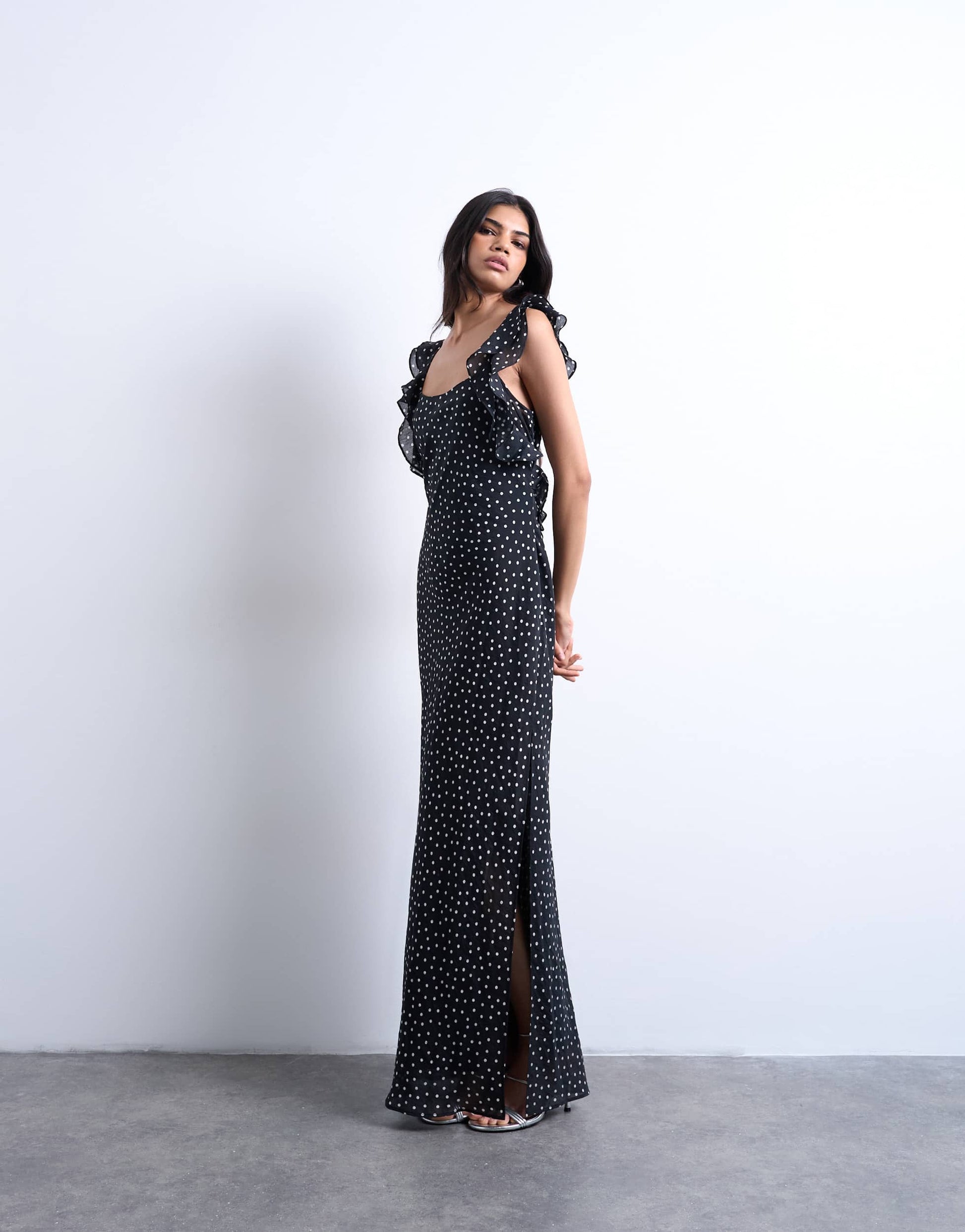 Topshop ruffle shoulder slip maxi dress in black based spot