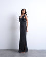 Topshop ruffle shoulder slip maxi dress in black based spot