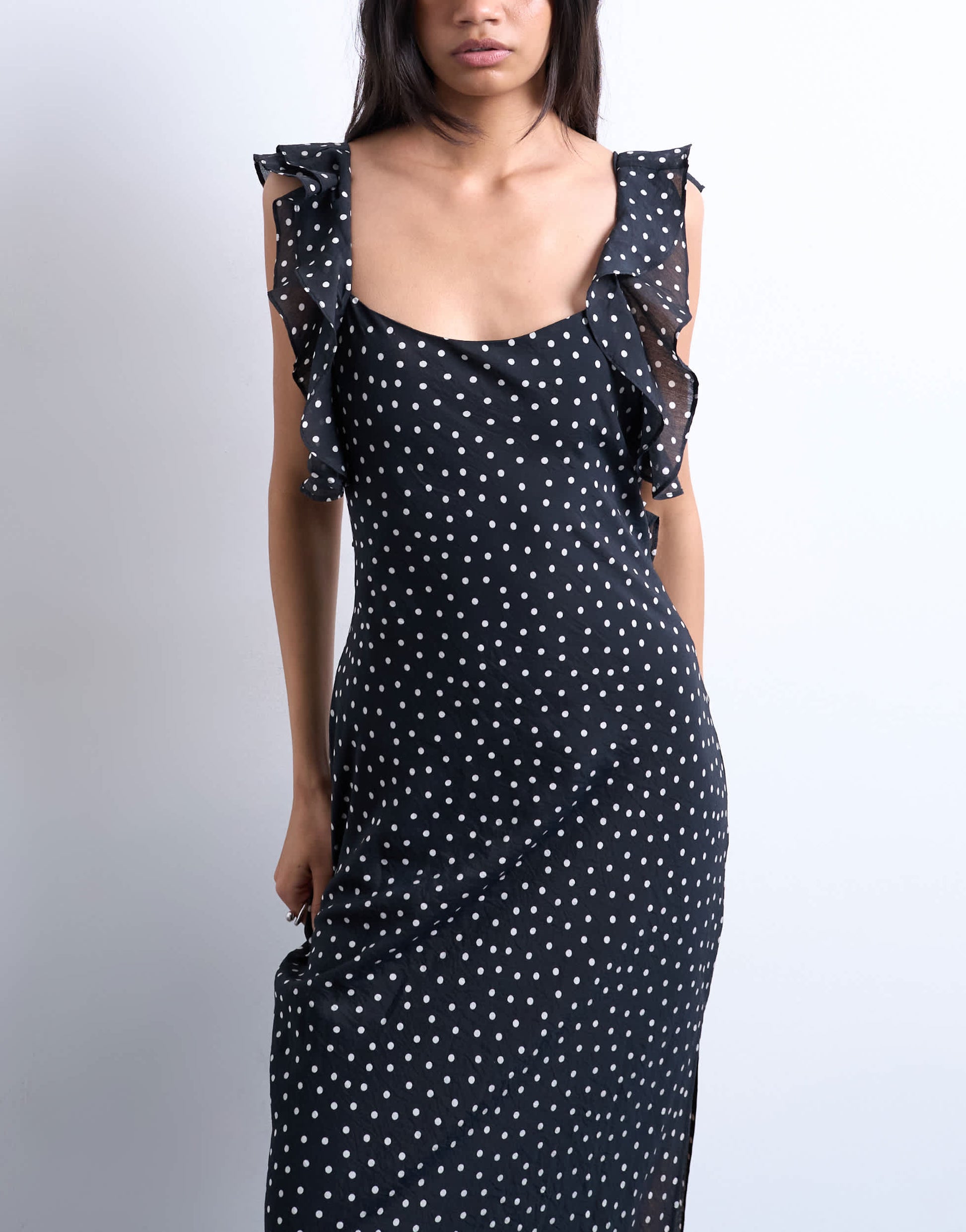 Topshop ruffle shoulder slip maxi dress in black based spot