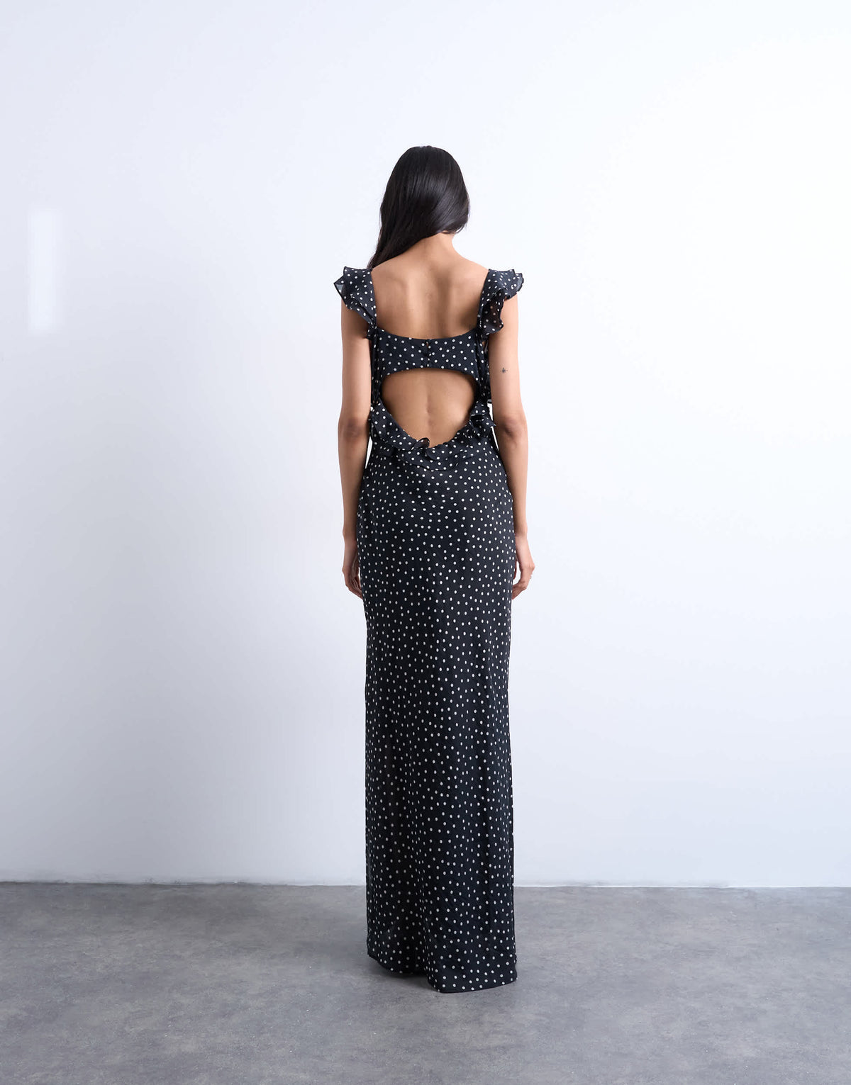 Topshop ruffle shoulder slip maxi dress in black based spot