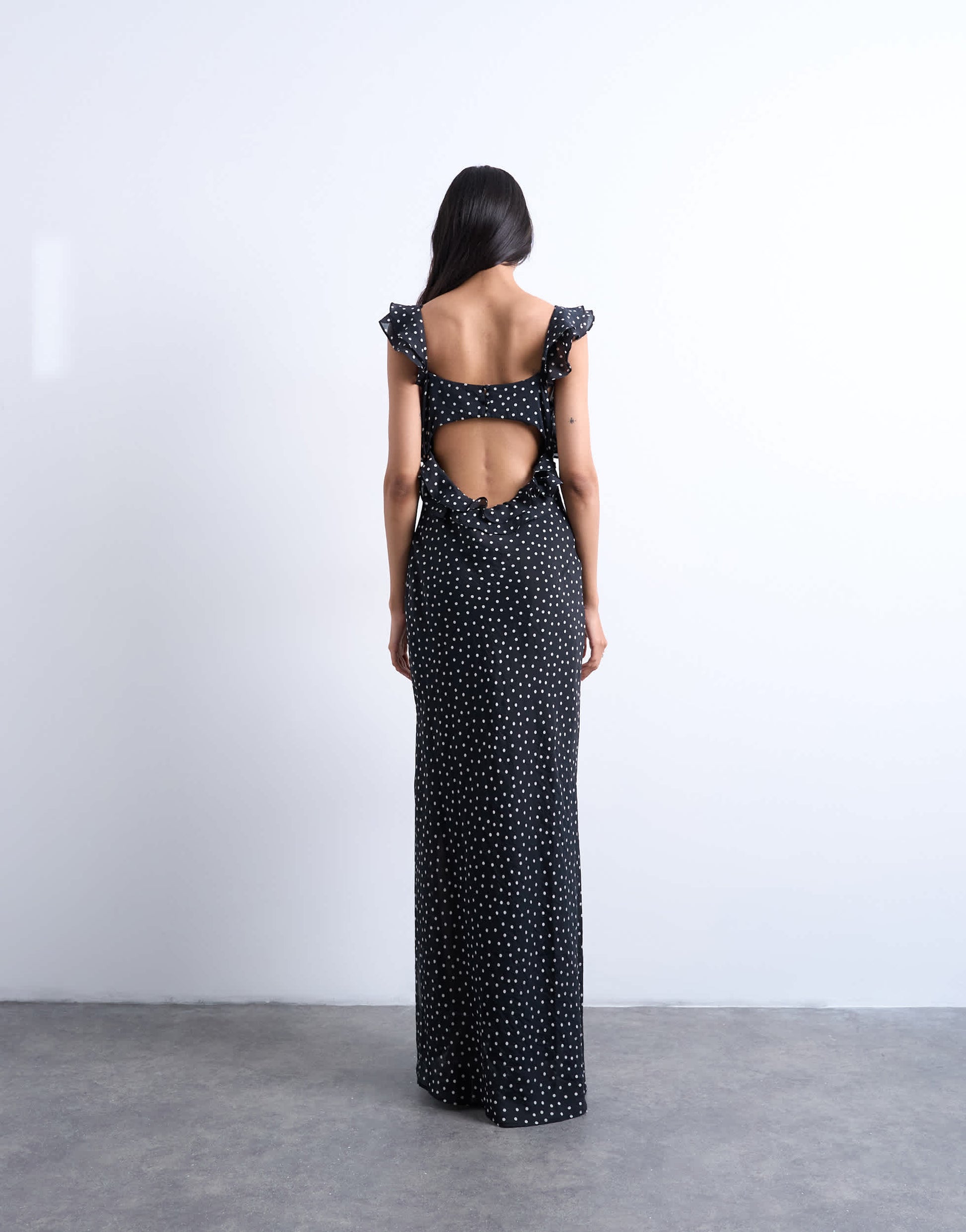 Topshop ruffle shoulder slip maxi dress in black based spot