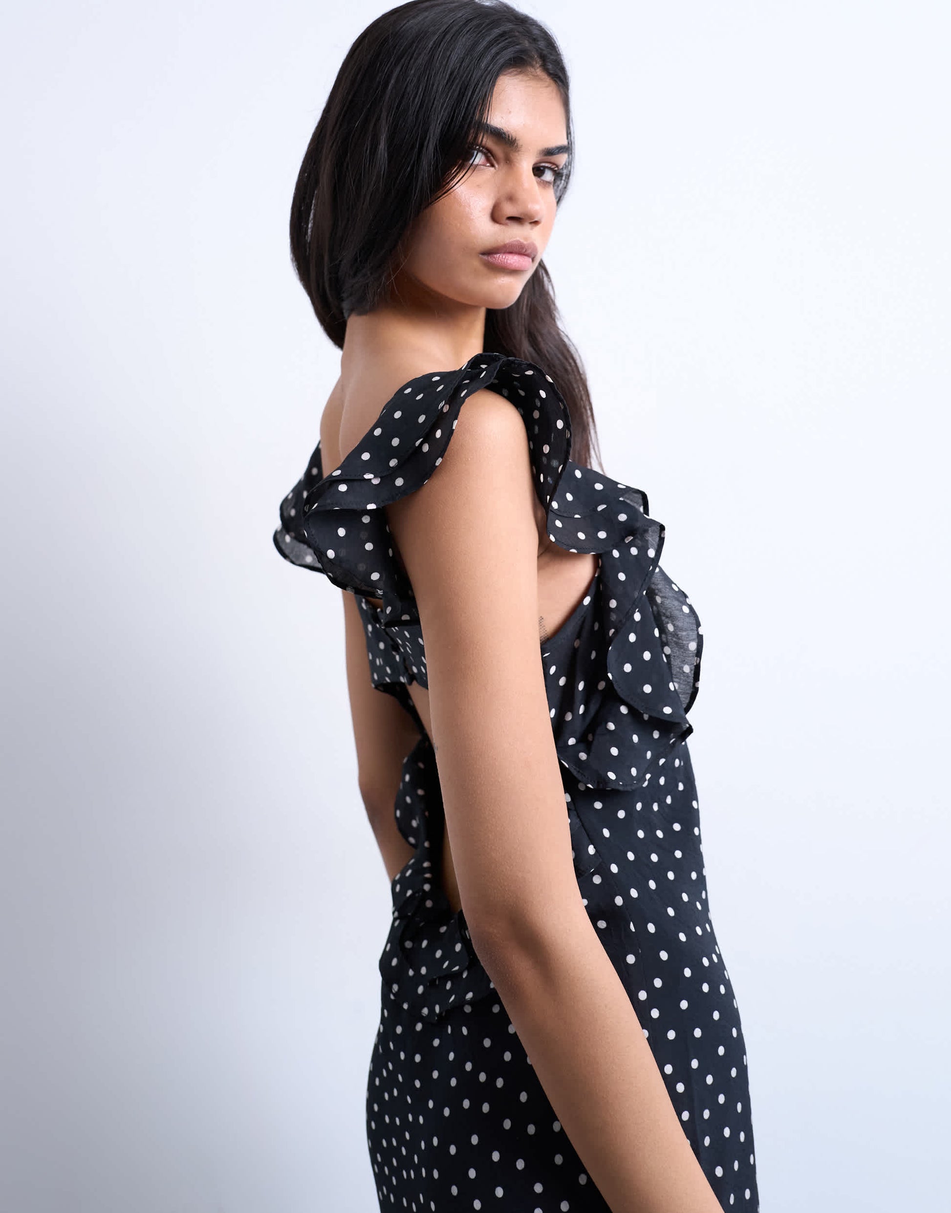 Topshop ruffle shoulder slip maxi dress in black based spot