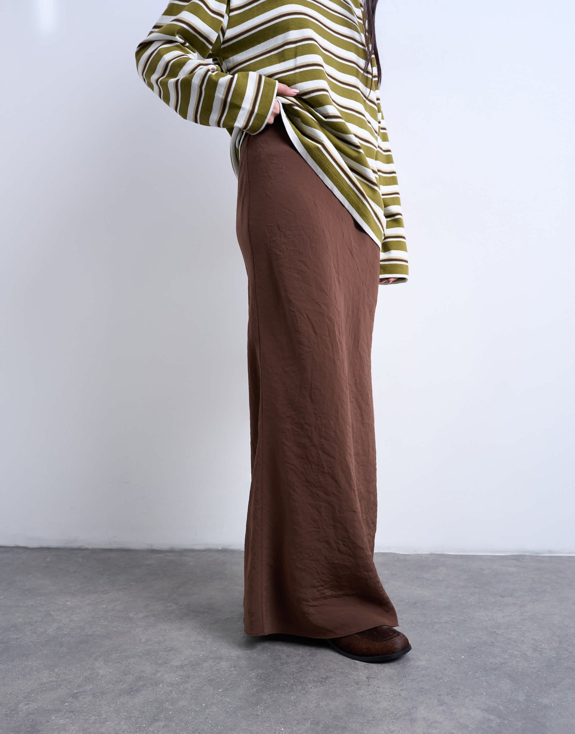 Topshop super soft cupro bias midi skirt in chocolate