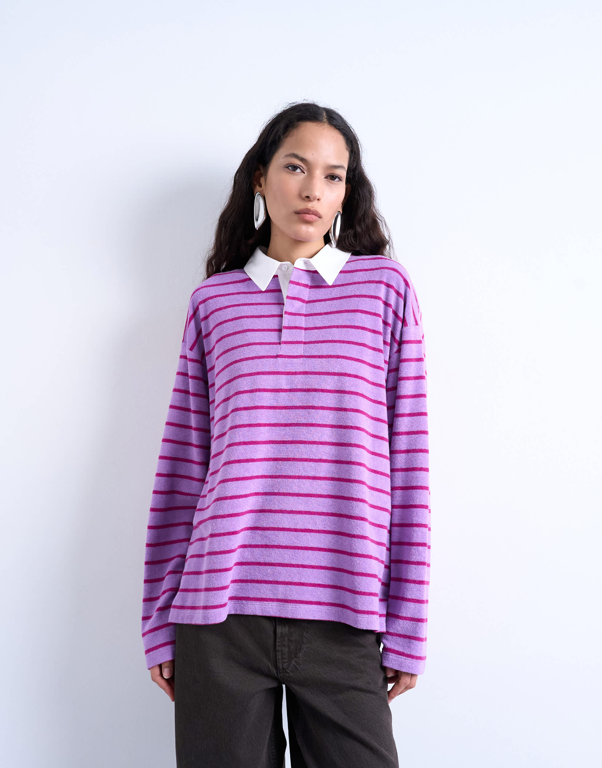 Topshop towelling stripe oversized long sleeve polo in pink