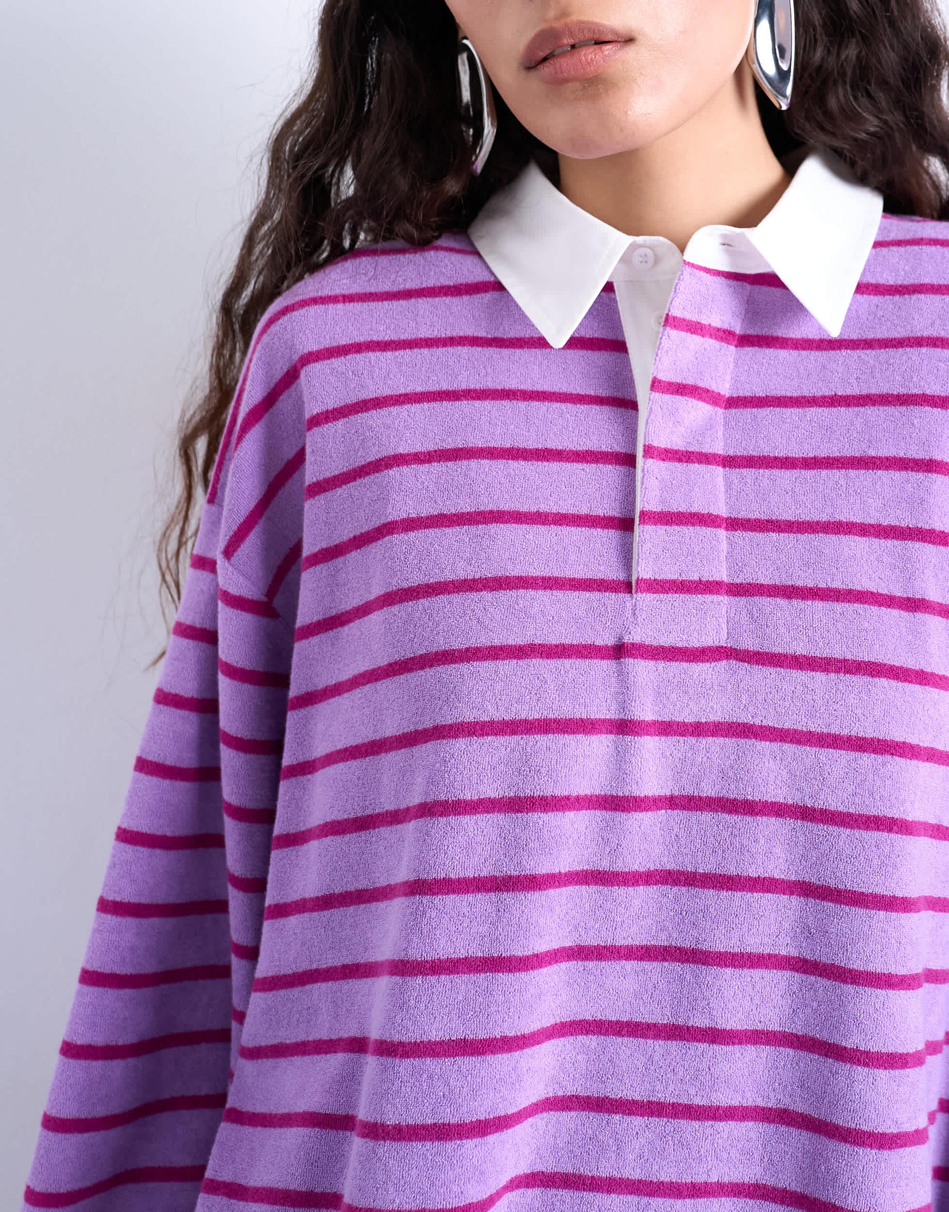 Topshop towelling stripe oversized long sleeve polo in pink