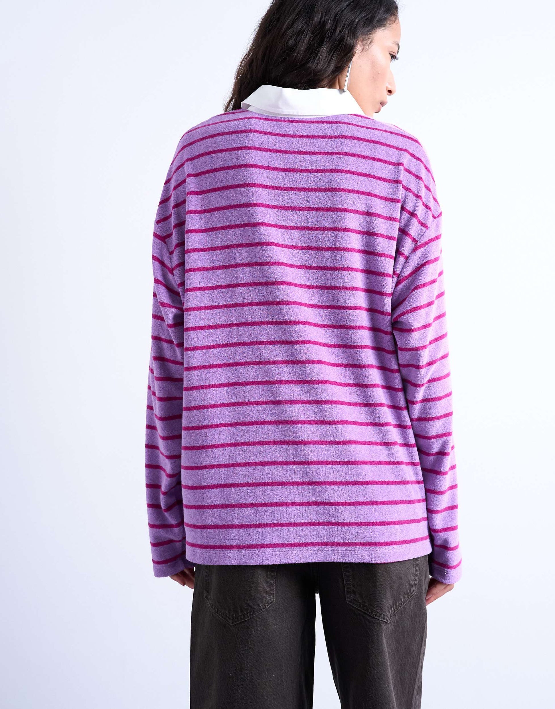 Topshop towelling stripe oversized long sleeve polo in pink