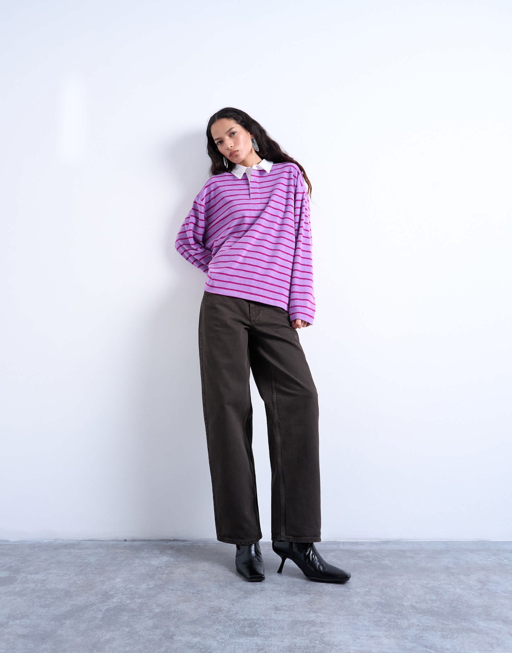 Topshop towelling stripe oversized long sleeve polo in pink