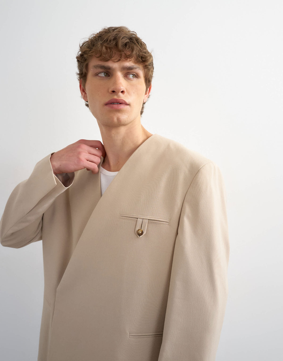 Topman oversized fit collarless blazer in stone