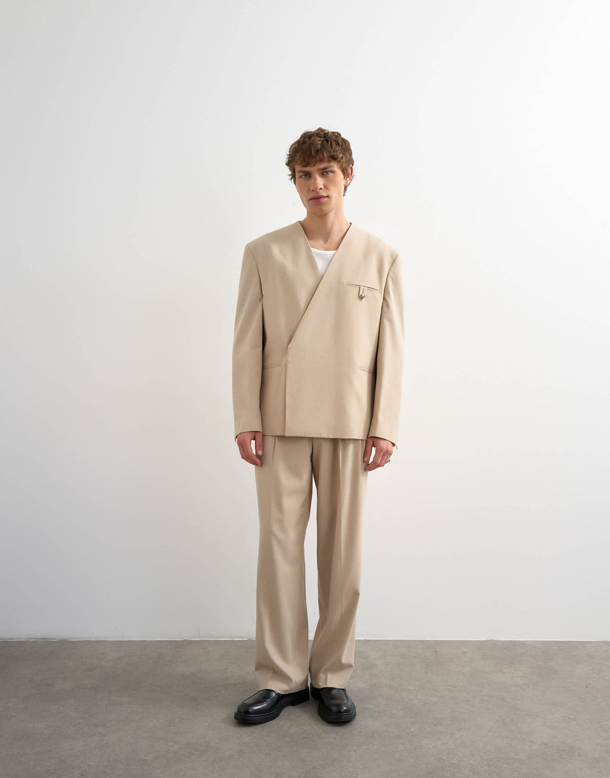 Topman oversized fit collarless blazer in stone