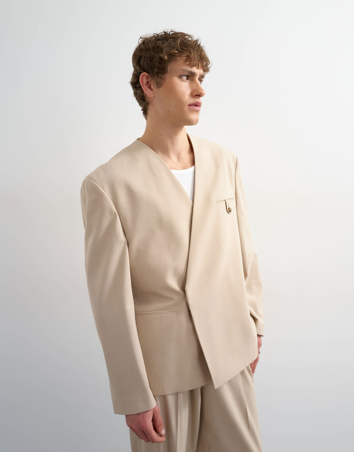 Topman oversized fit collarless blazer in stone