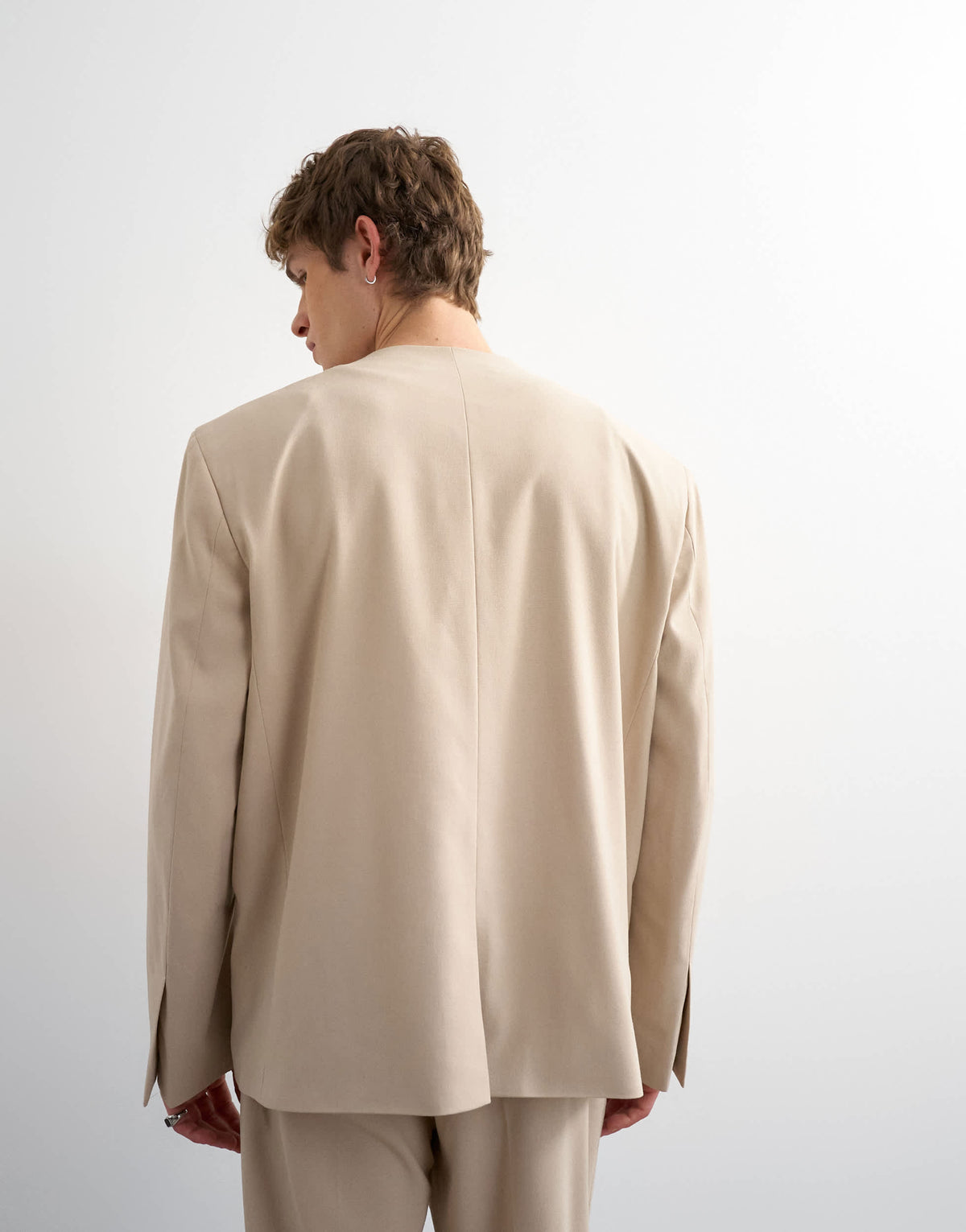 Topman oversized fit collarless blazer in stone