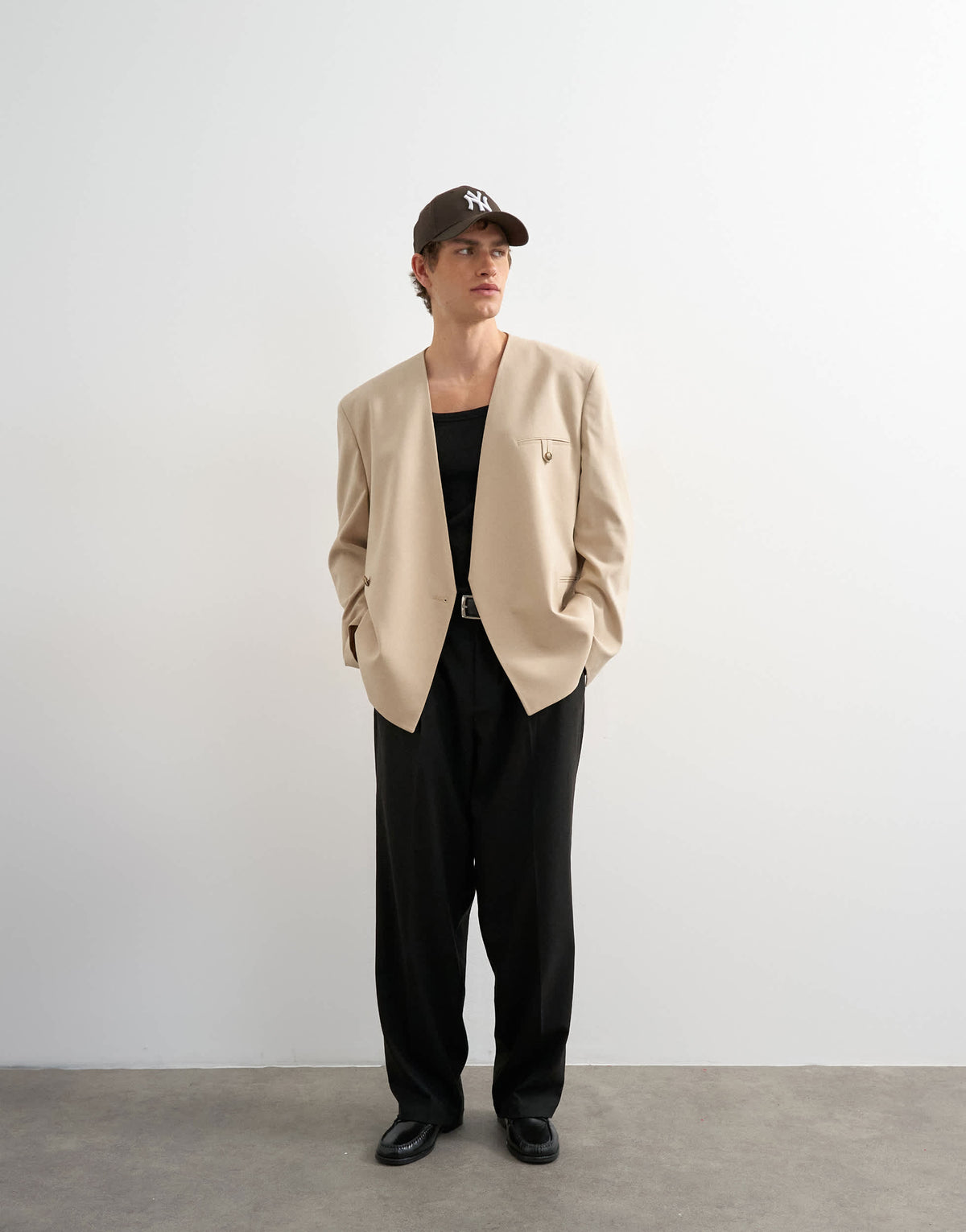 Topman oversized fit collarless blazer in stone