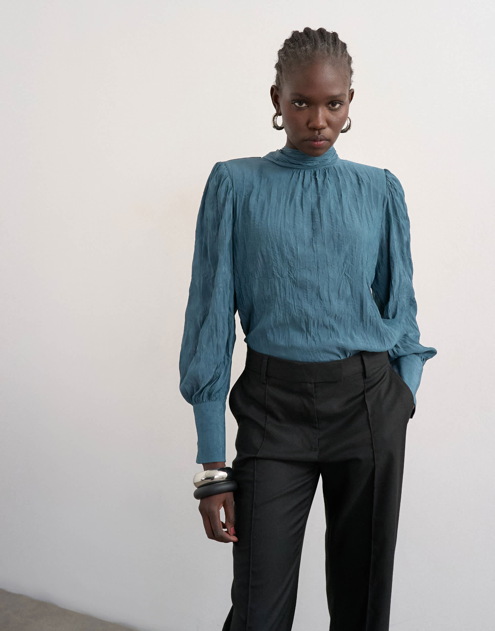 Topshop crinkle scarf blouse in blue