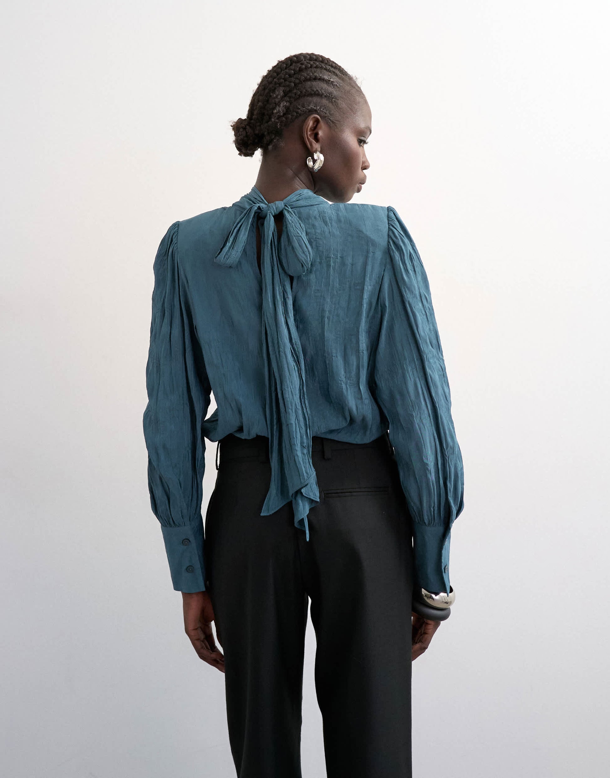 Topshop crinkle scarf blouse in blue