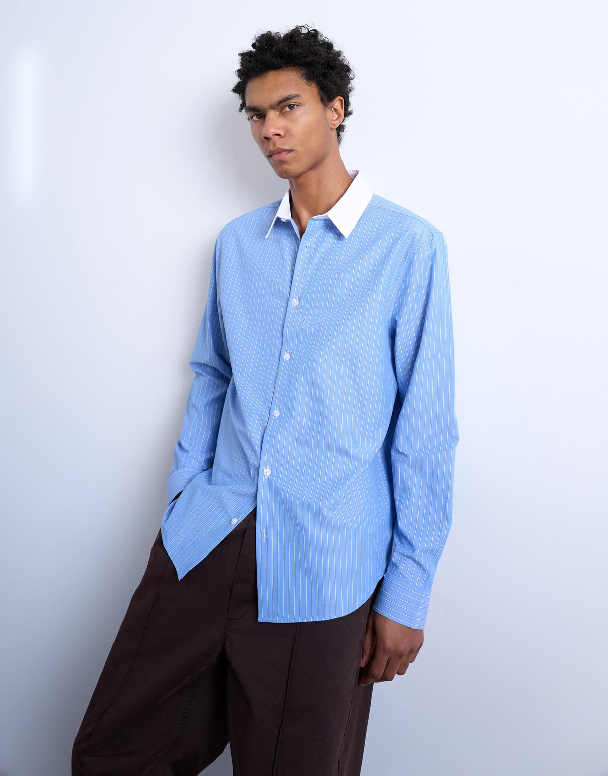Topman regular fit long sleeve formal stripe shirt with contrast collar in blue
