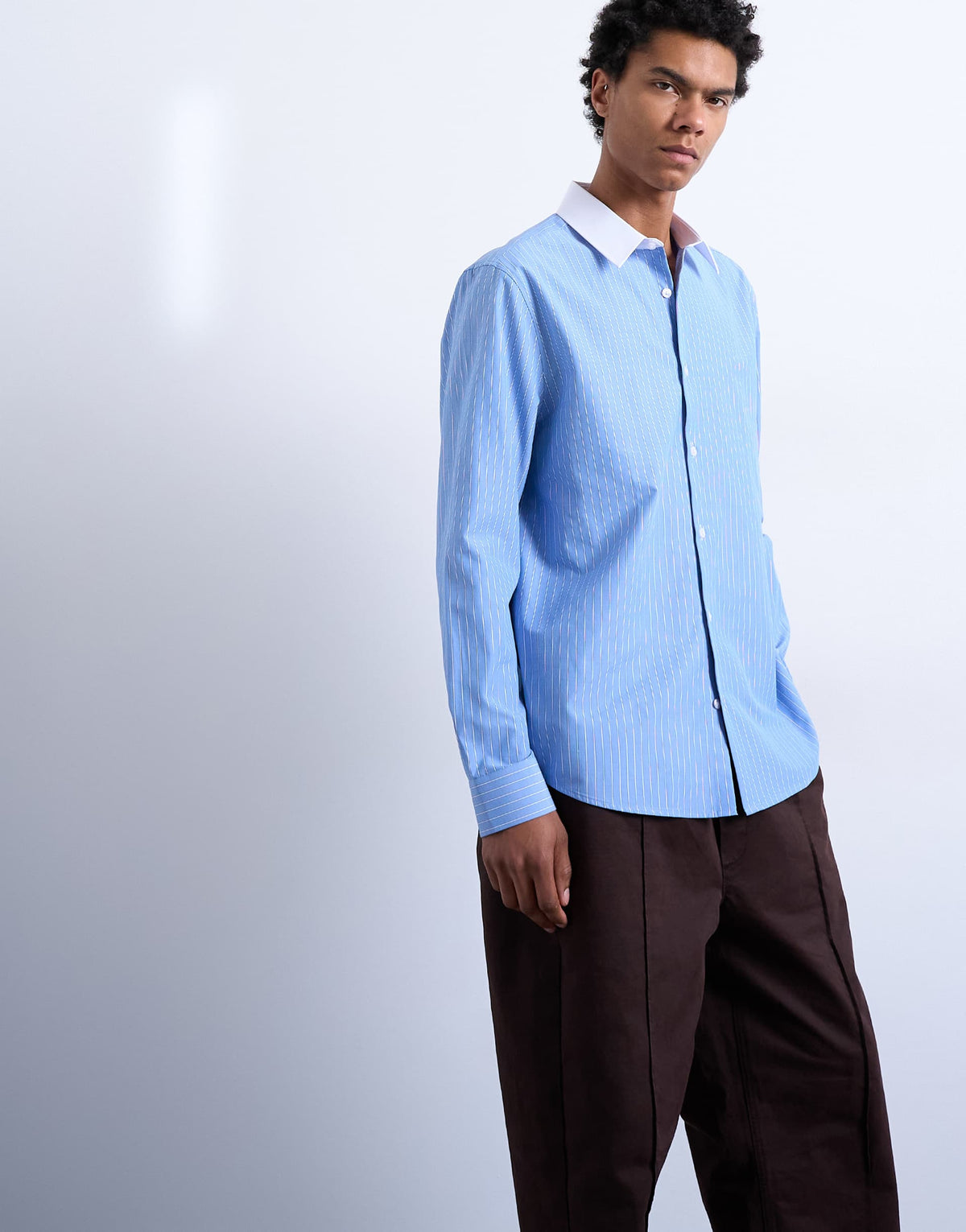Topman regular fit long sleeve formal stripe shirt with contrast collar in blue