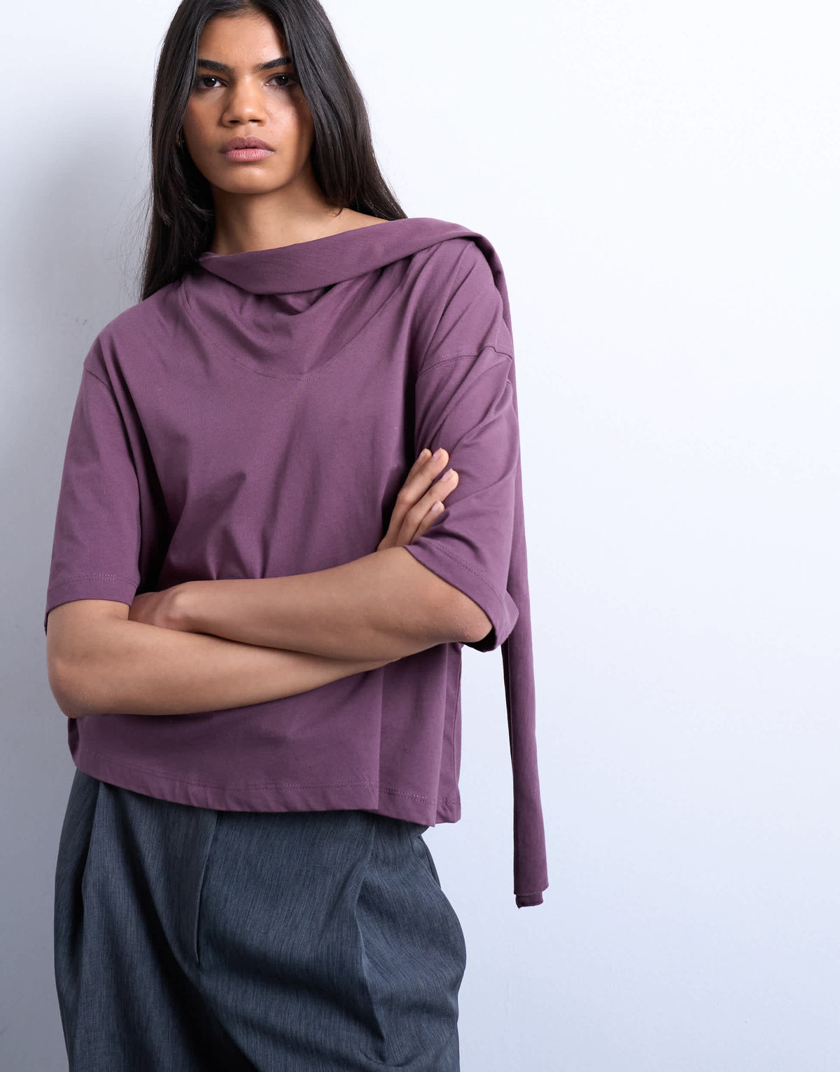 Topshop scarf neck detail drop shoulder t-shirt in fig
