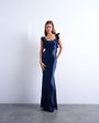 Topshop ruffle shoulder satin slip dress in navy