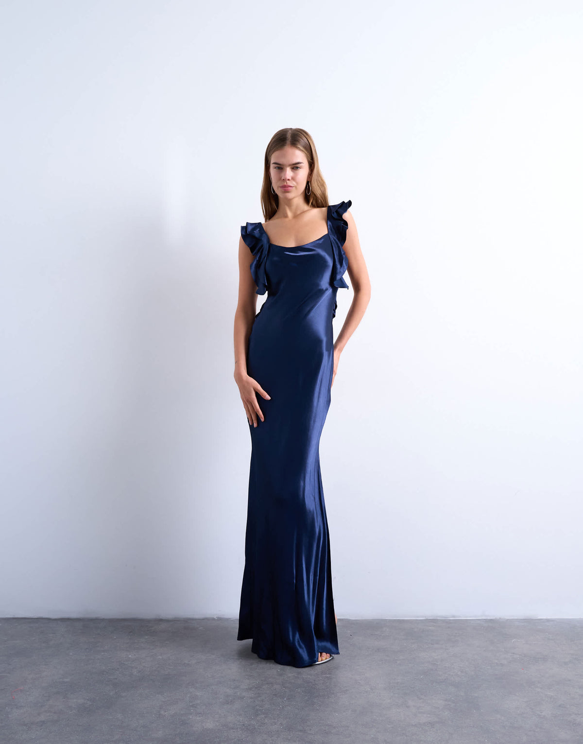 Topshop ruffle shoulder satin slip dress in navy