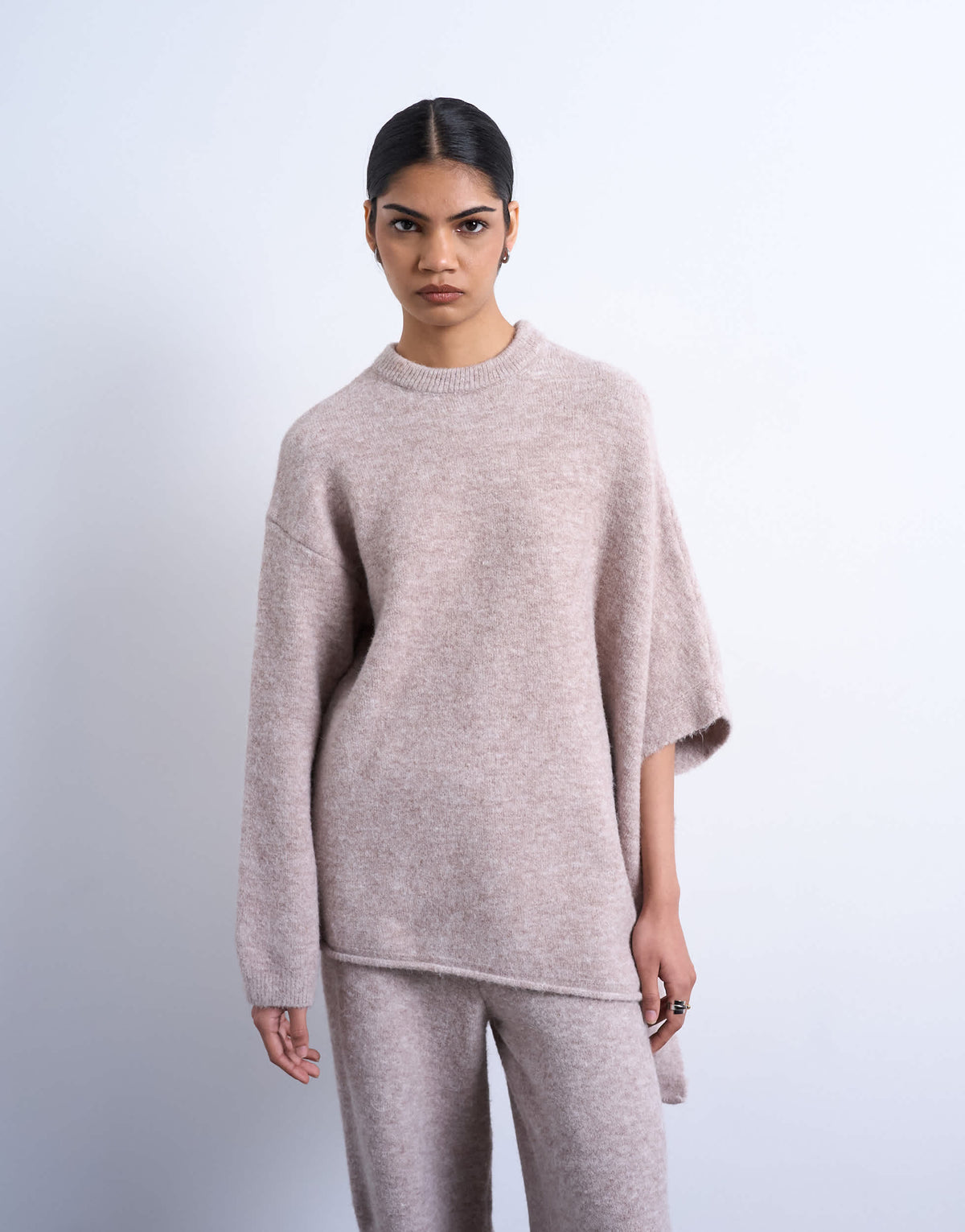 Topshop knitted slouchy poncho co-ord in beige