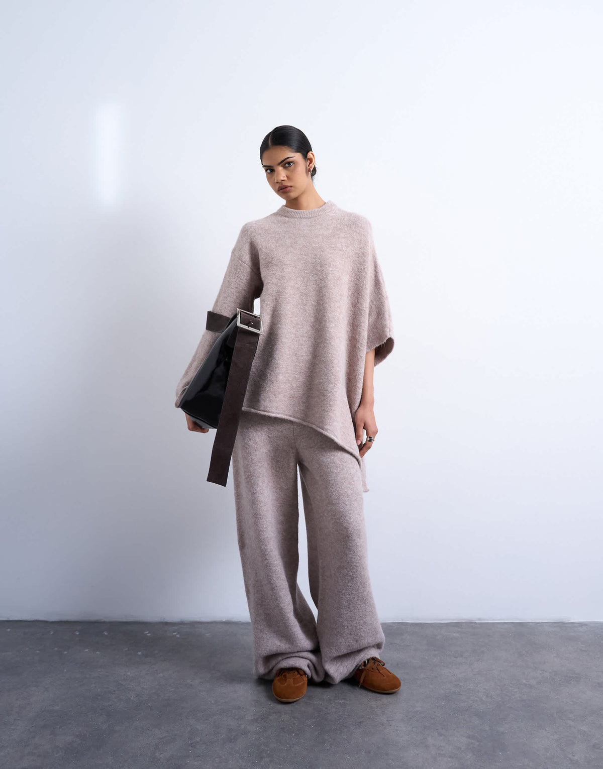 Topshop knitted slouchy poncho co-ord in beige